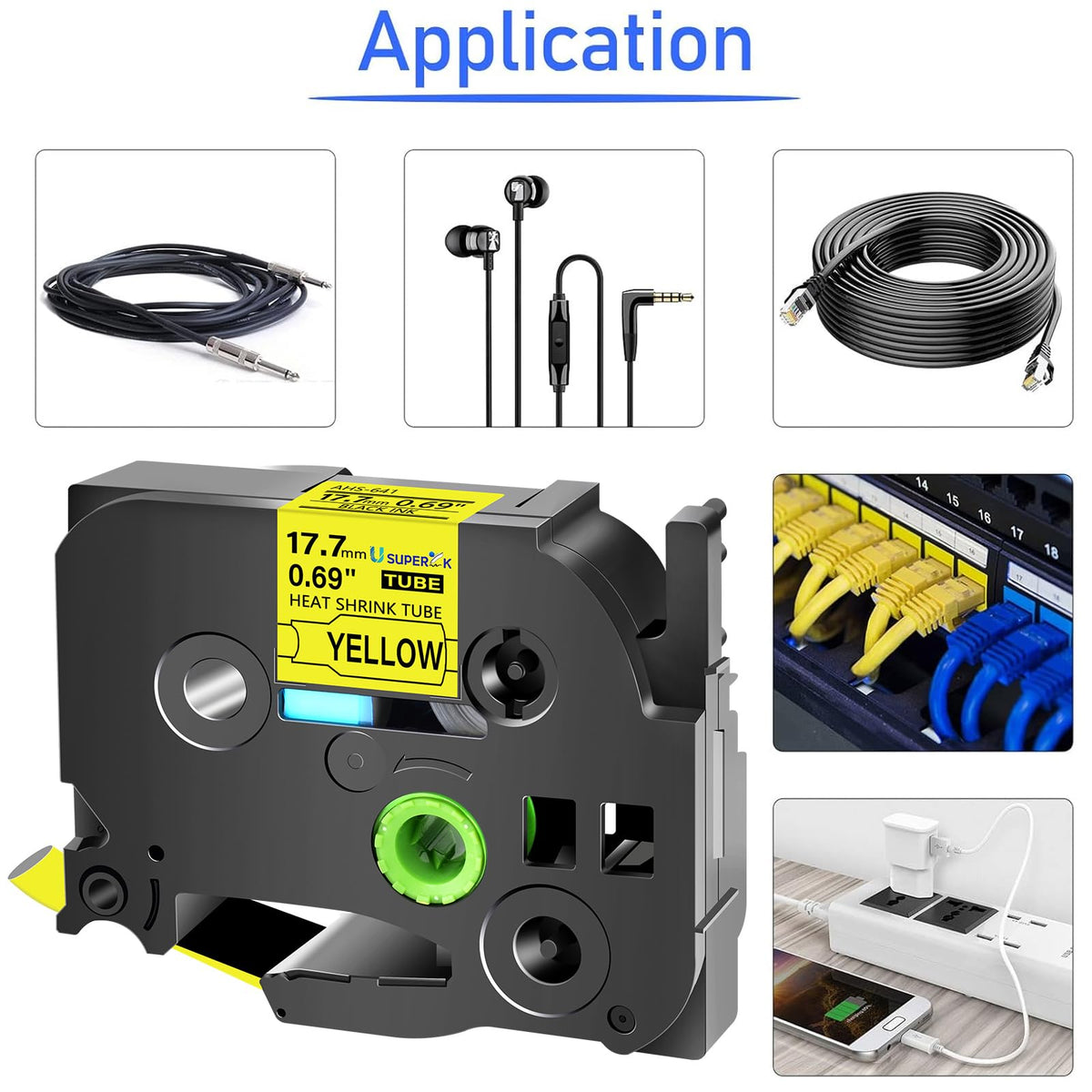 USUPERINK 3 Pack Compatible for Brother Ptouch HSe-641 HSe641 HS-641 HS641 17.7mm Black on Yellow