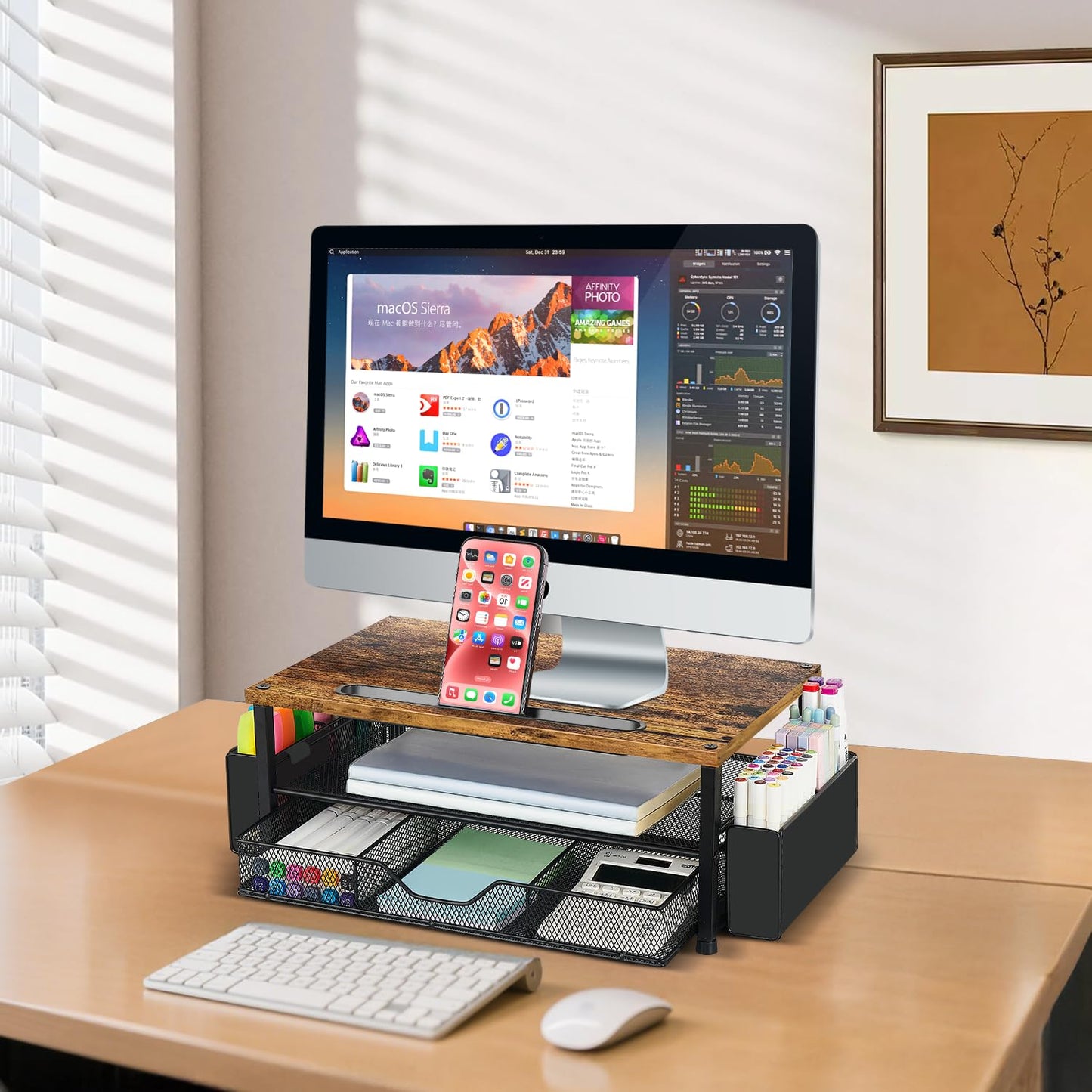 AUPSEN Wood Desk Organizers and Accessories, 2-Tier Computer Monitor Stand Riser with Drawer, Pen
