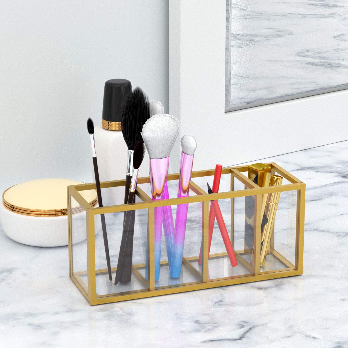NIUBEE Gold Acrylic Pen Holder 4 Compartments, Desk Office Pencil Cup Desk