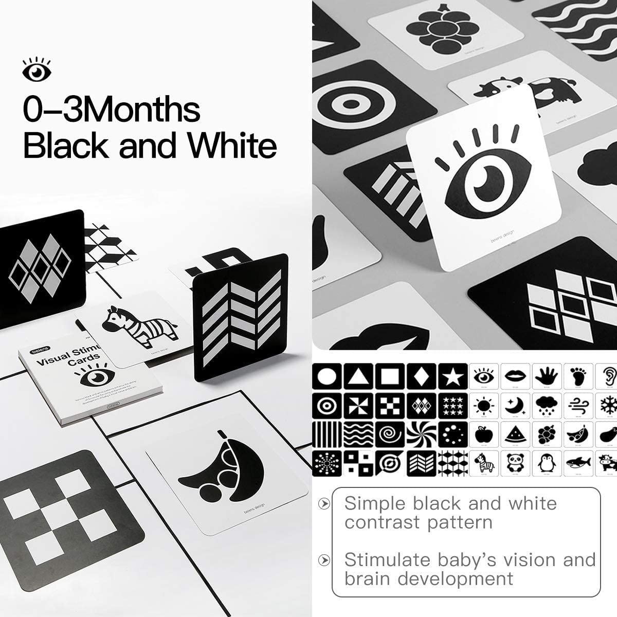 beiens High Contrast Baby Flashcard, 80Pcs 160Page Visual Stimulation Cards