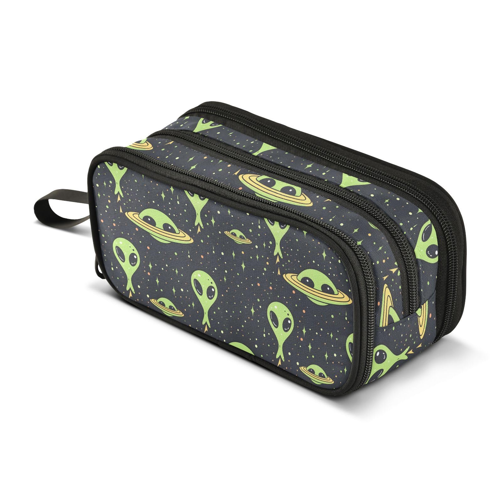 BOENLE Green Aliens Space Pencil Case Box Boys Girls Large Pencil Pouch Zipper Compartments Big