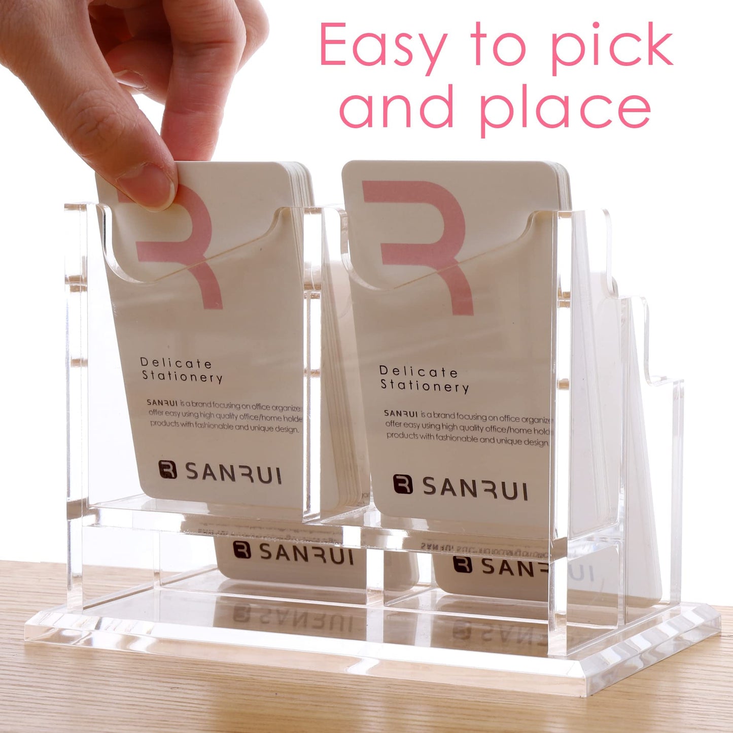 SANRUI Vertical Business Card Holder for Desk，Clear Acrylic Business Card Display Stand，4 Slots 2