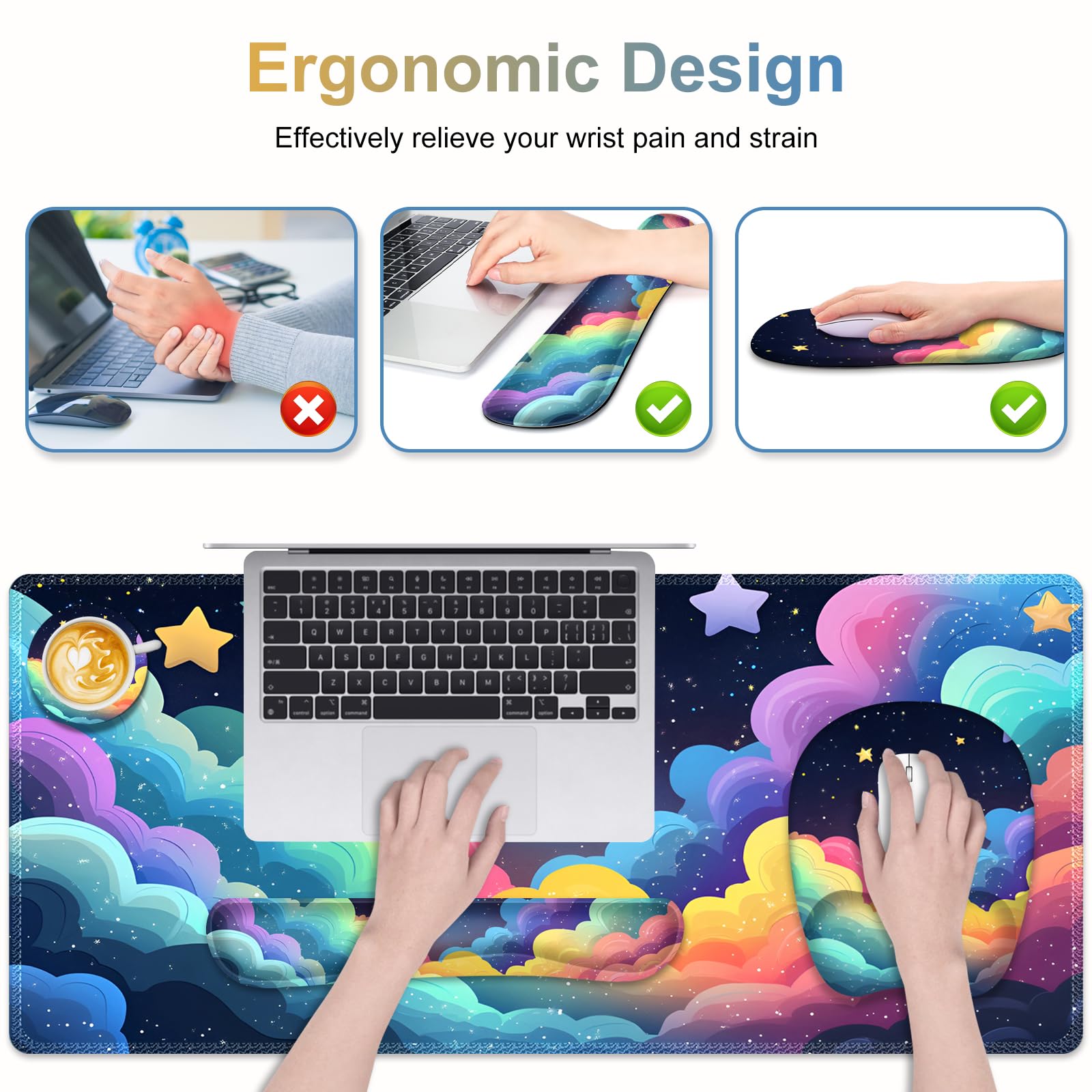 Mouse Pad with Wrist Support 4 in1 Set, XXL Big Game Mousepad + Keyboard Wrist Rest + Mouse Wrist