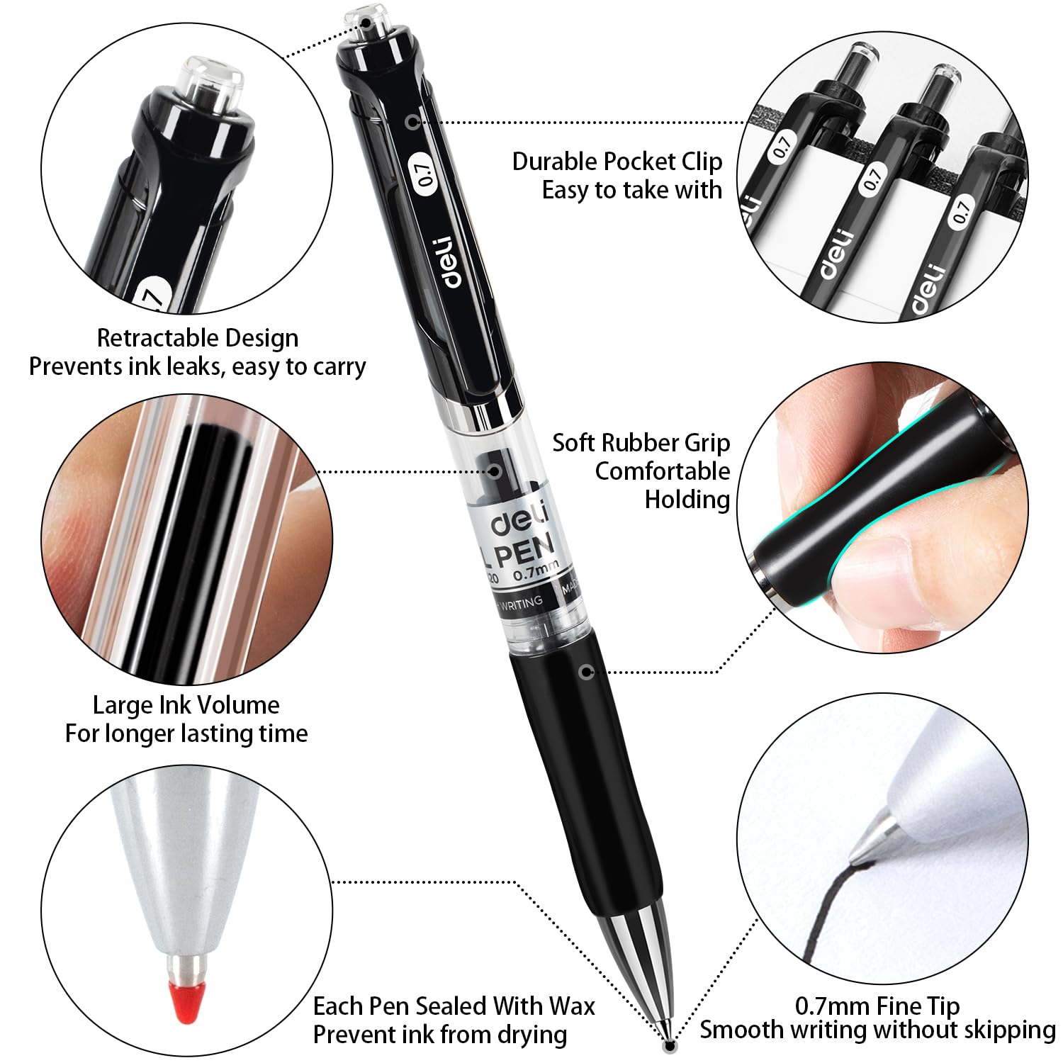 deli Gel Pens, 100 Pcs Retractable Pens Black Ink, Medium Point Pen 0.7mm