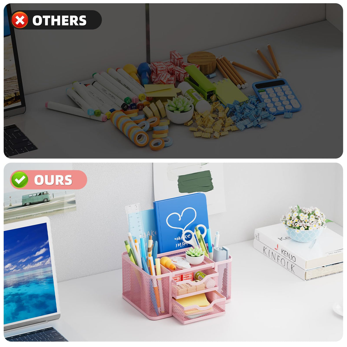 Marbrasse Mesh Desk Organizer, Pen Organizer with 2 Drawer, Multi-Functional Pencil Holder, Desk