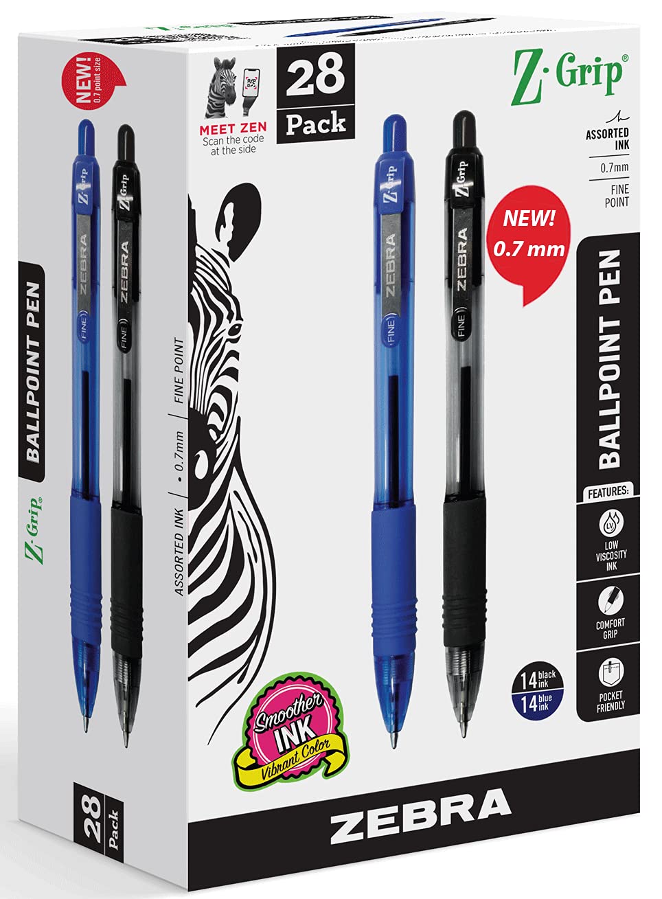 Zebra Pen Z-Grip Retractable Ballpoint Pen, Fine Point 0.7mm, 14 Black & 14 Blue Ink Pens, Pack of