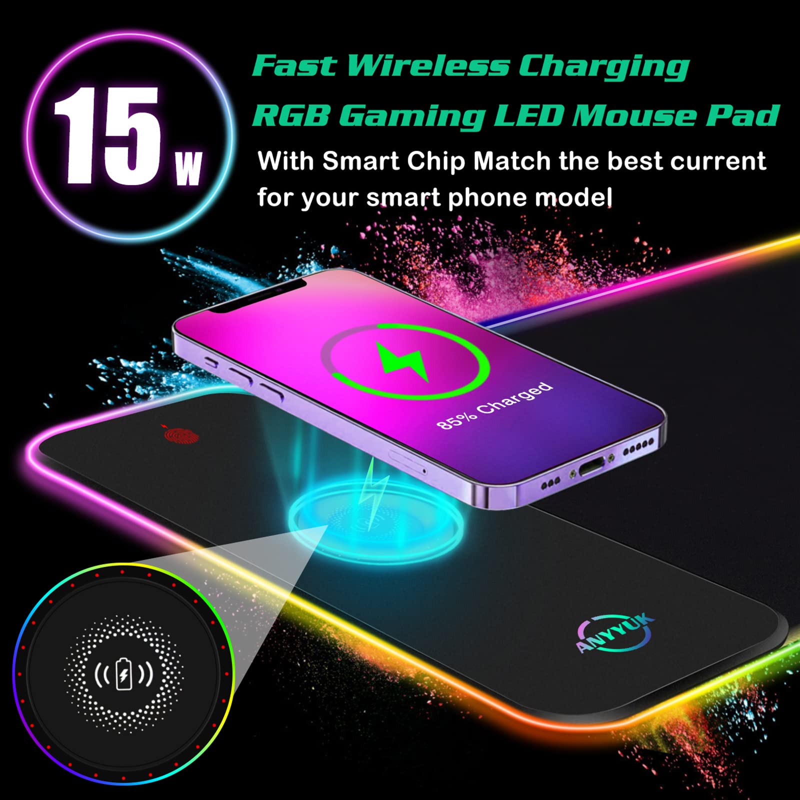 RGB LED Mouse Pad with 15W Wireless Charger Gaming Mouse Pad with 10 Light Modes, Extra Large