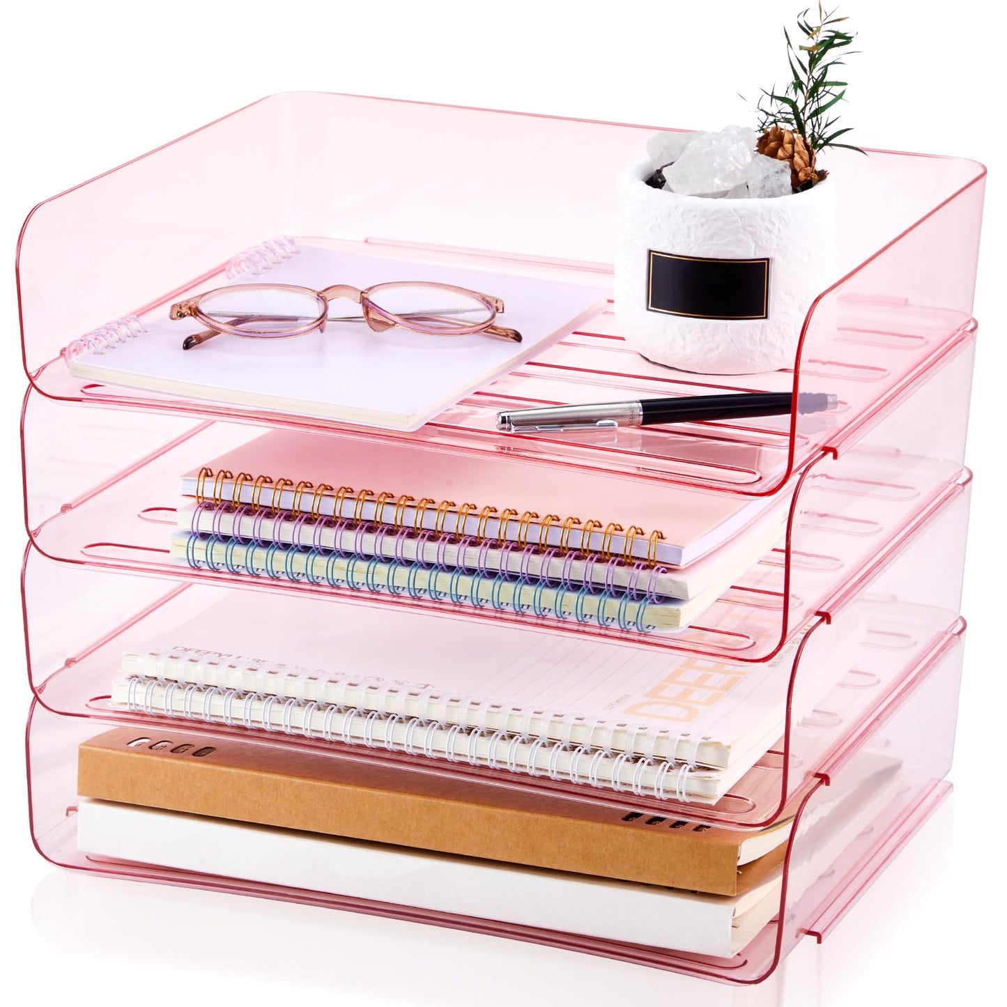 Harloon 4 Tier Paper Organizer Clear Pink Letter Tray Acrylic File Tray