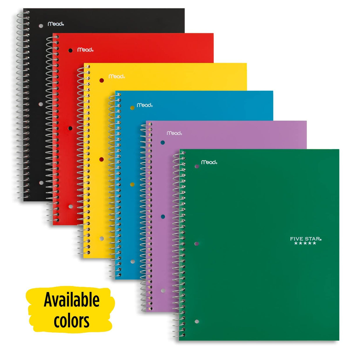 Five Star Spiral Notebook, 1 Subject, Wide Ruled Paper, 10-1/2" x 8", 100 Sheets, Assorted Colors
