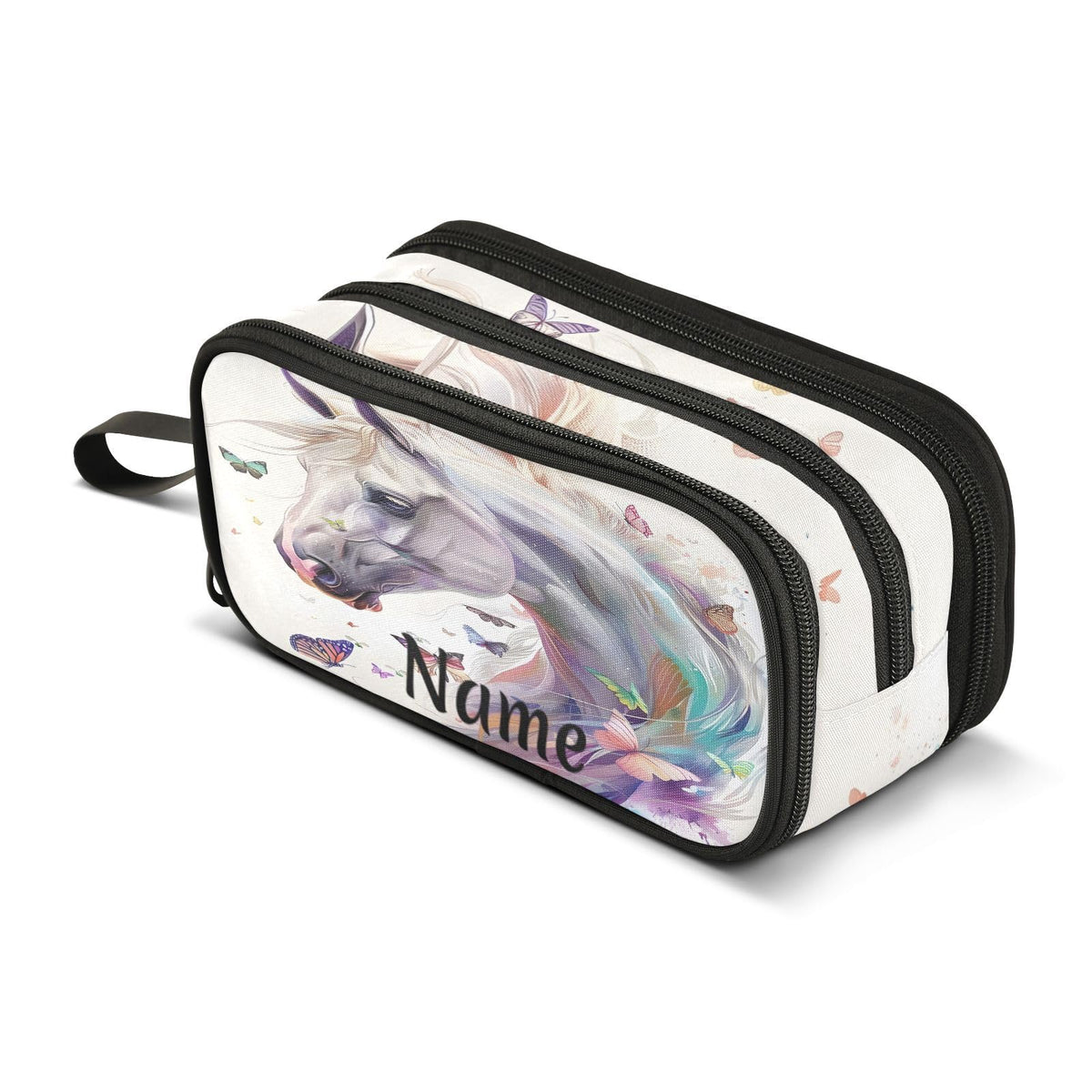 BOENLE Custom White Horse Butterflies Pencil Case Box Boys Girls Personalized Name Large Pencil