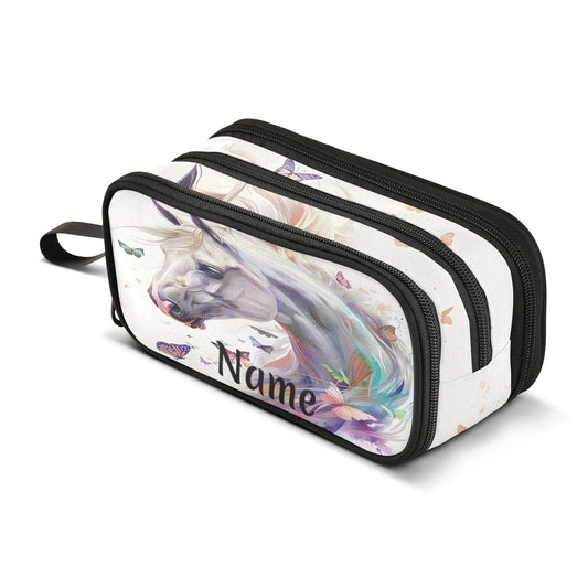 BOENLE Custom White Horse Butterflies Pencil Case Box Boys Girls Personalized Name Large Pencil