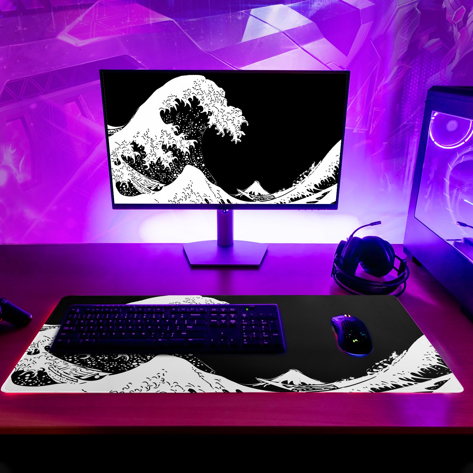 Japanese Sea Wave Large Mouse Pad, Abstract Black Gaming Mousepad, Extended Kanagawa Mat Desk Pad