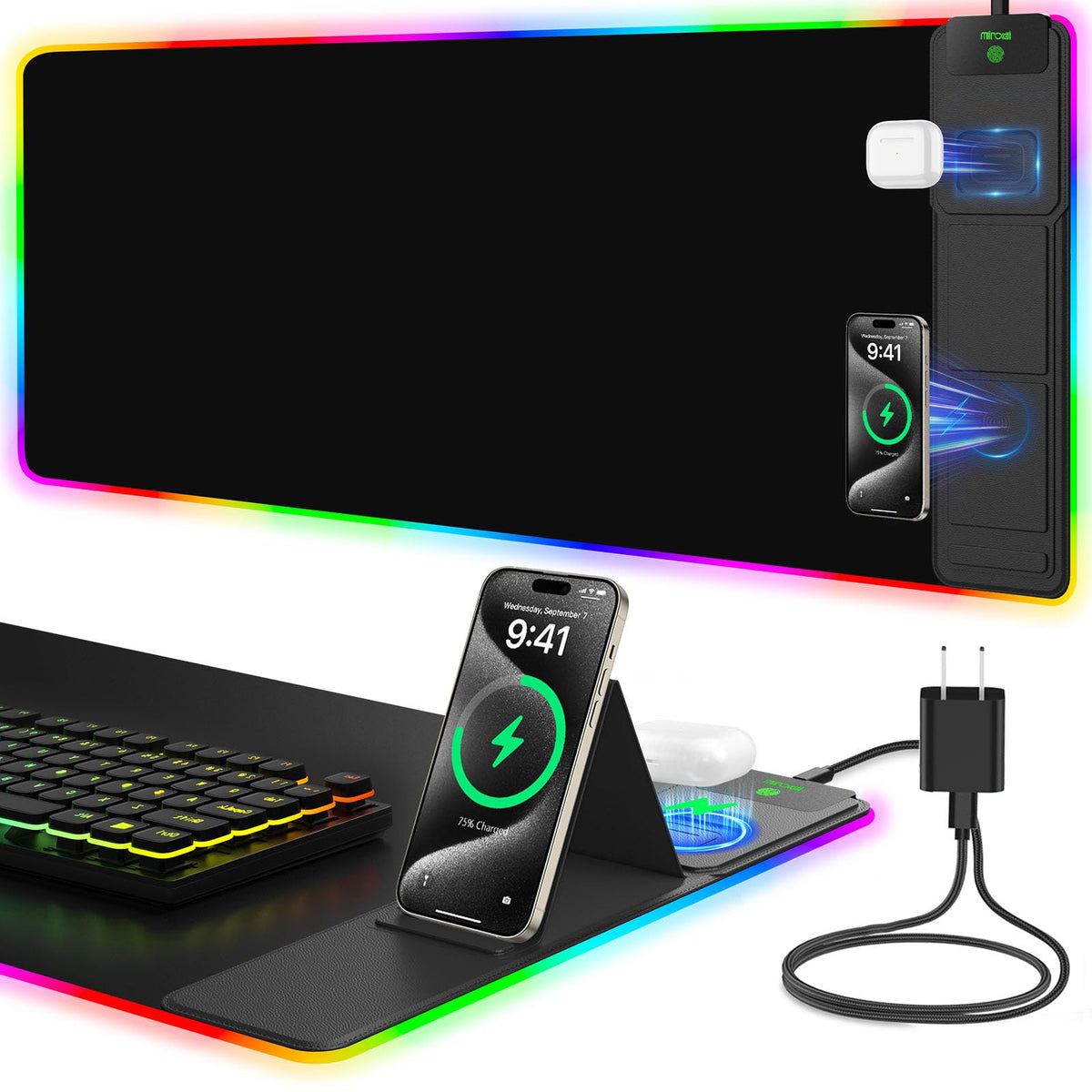 Mouse Pad with Foldable Phone Holder & Wireless Charger, XXL RGB Gaming Mousepad 31.5"x15.8" Large