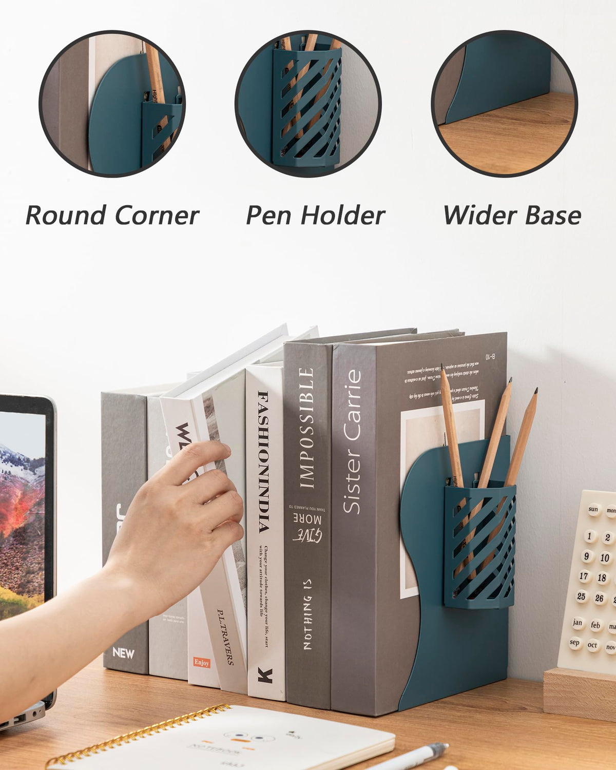 Kingsmile Book Ends, Adjustable Heavy Duty Metal Book Stoppers with Pen Holder for Desk Office