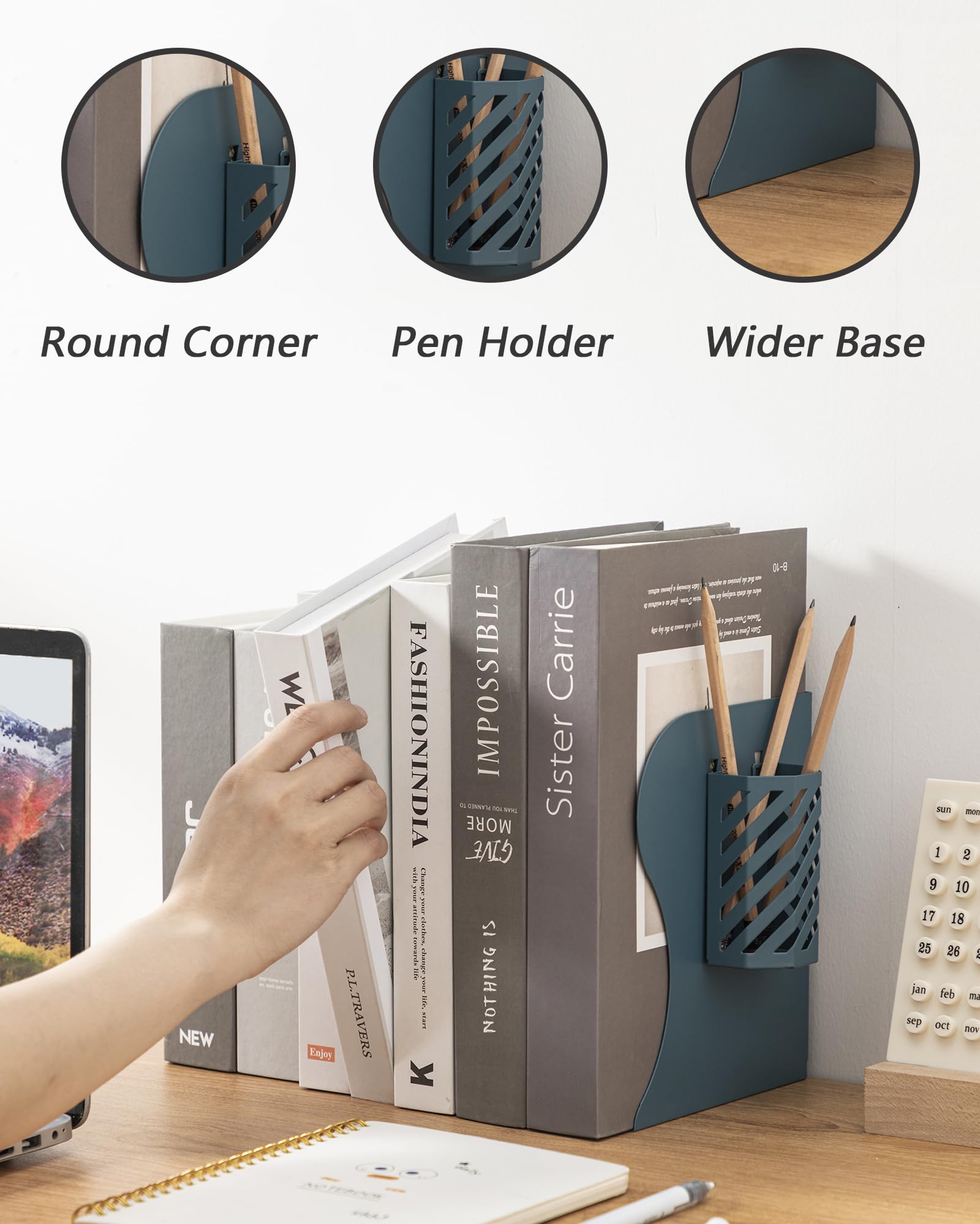 Kingsmile Book Ends, Adjustable Heavy Duty Metal Book Stoppers with Pen Holder for Desk Office