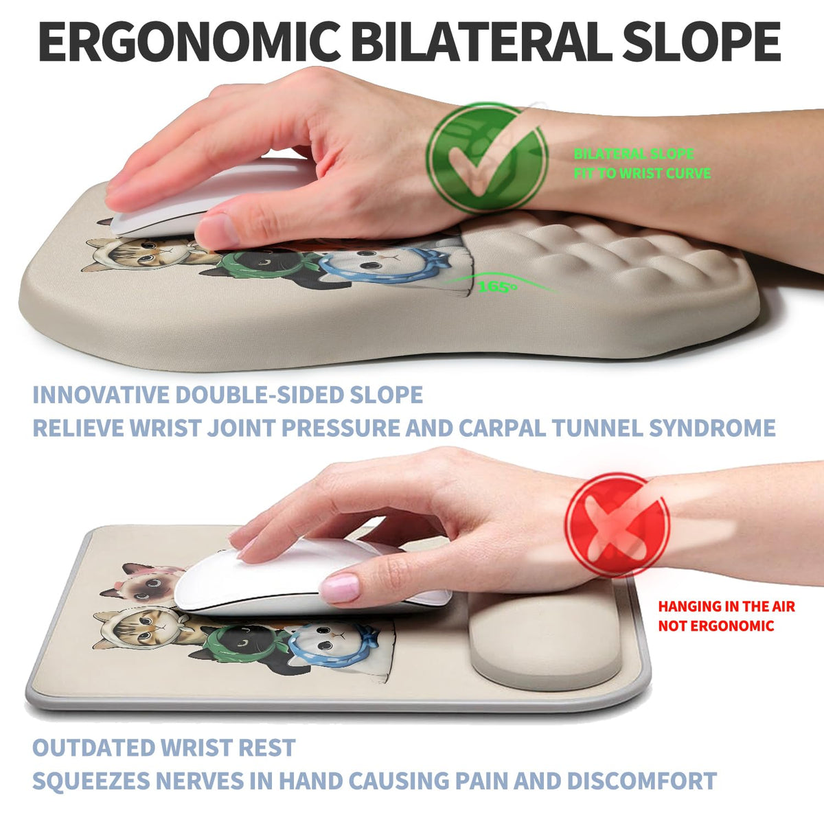 Gleamtide Ergonomic Raised Mouse Pad Wrist Support with Bilateral Slope Memory Foam Mousepad for