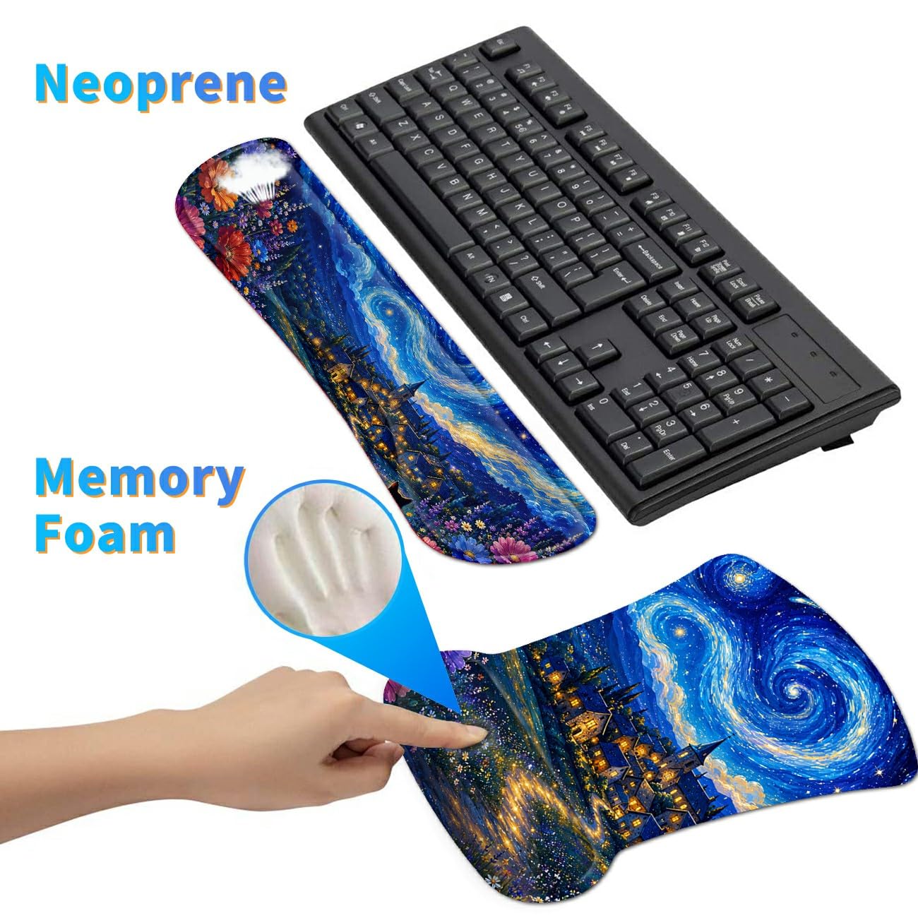 3-in-1 Ergonomic Memory Foam Keyboard Wrist Rest Pad Set, Galaxy Cat