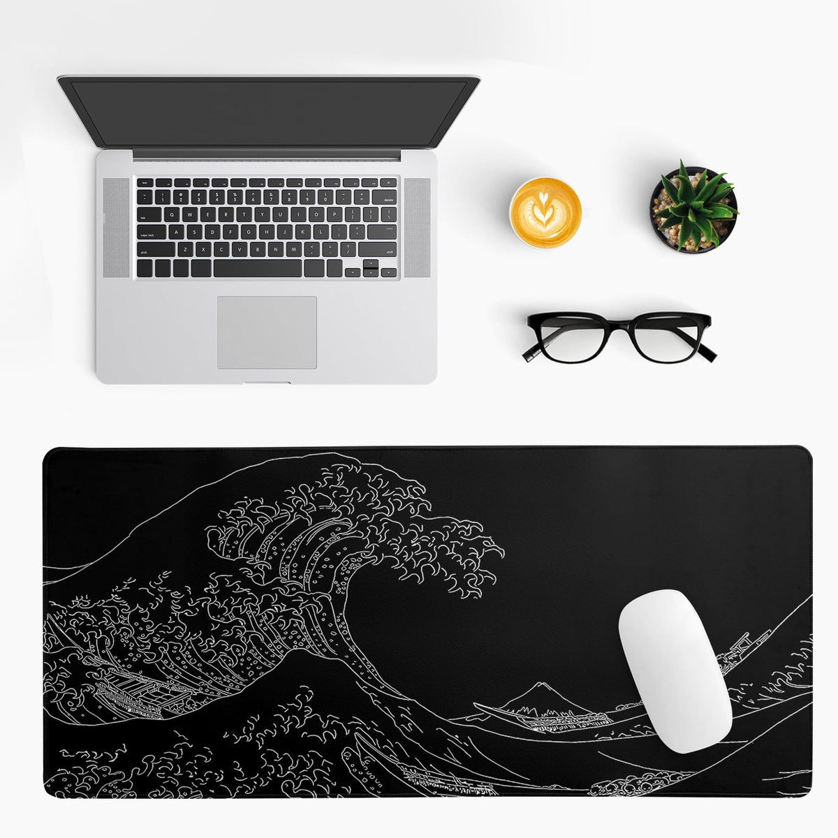 Japanese Sea Wave Large Mouse Pad Abstract Black Mouse Pad 31.5x11.8 Inch Black Kanagawa Texture