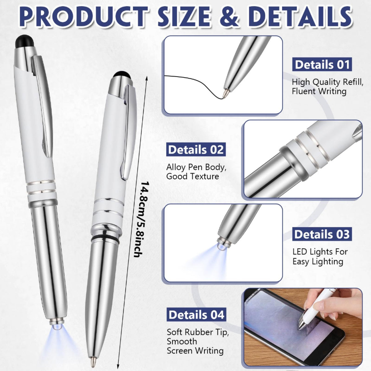 Zonon 15 Pcs Stylus Pen with Light, 3 in 1 Ballpoint Pens, White