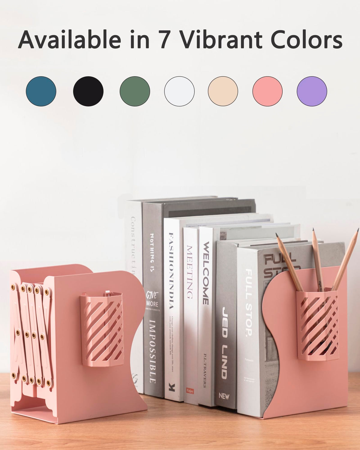 Kingsmile Book Ends, Adjustable Heavy Duty Metal Book Stoppers with Pen Holder for Desk Office