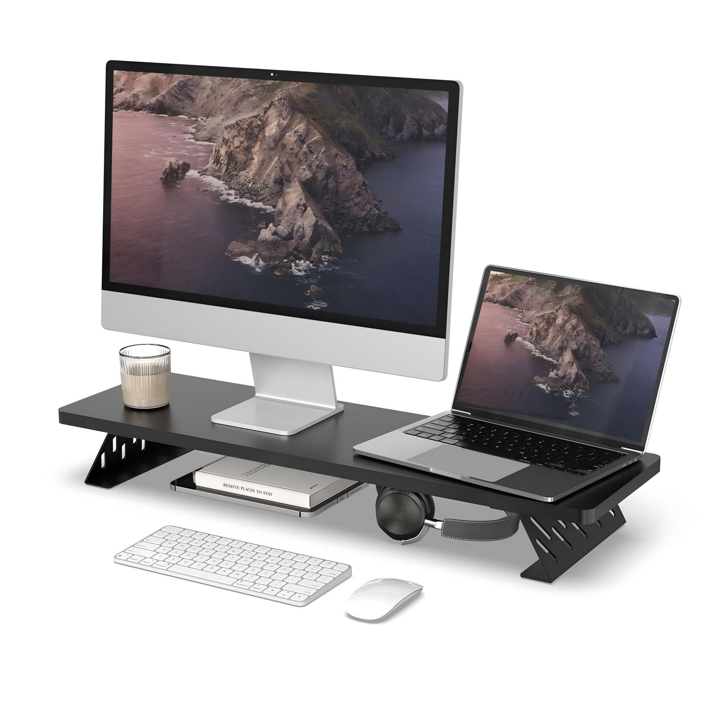 Fenge Monitor Stand Riser, Wooden & Metal Desk Shelf Organizer, Black