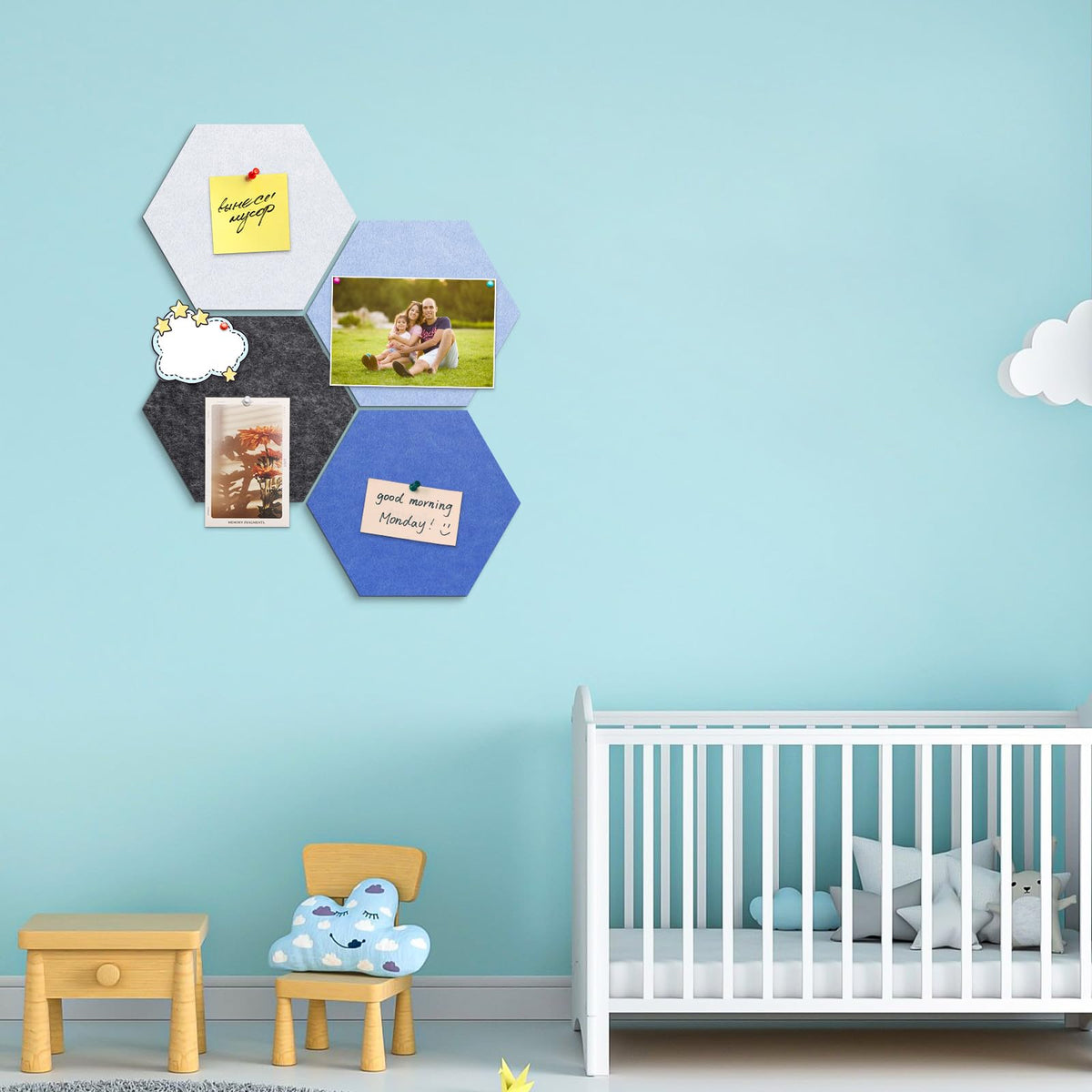 Uoisaiko 4 Pack Hexagon Felt Bulletin Board Tiles - 12" Large Thick Pin Board for Walls with 30
