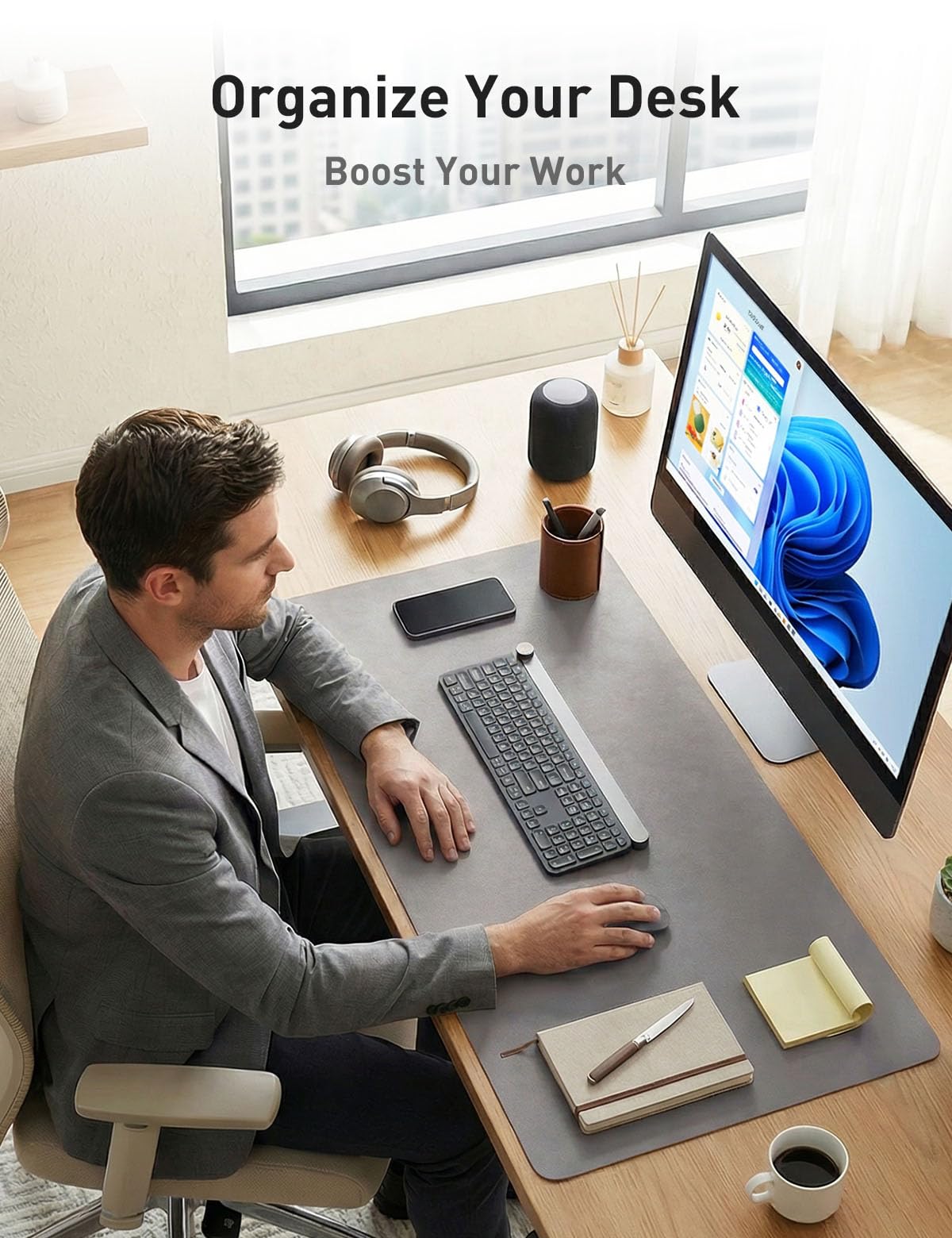Aothia Faux Leather Desk Mat - Non-Slip PU Leather Desk Blotter, Waterproof Writing Surface, Large