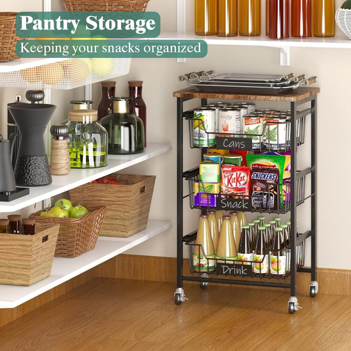 CHLORYARD 4-Tier Vegetable Fruit Basket Kitchen Storage Rolling Cart on Wheels with Pull-Out