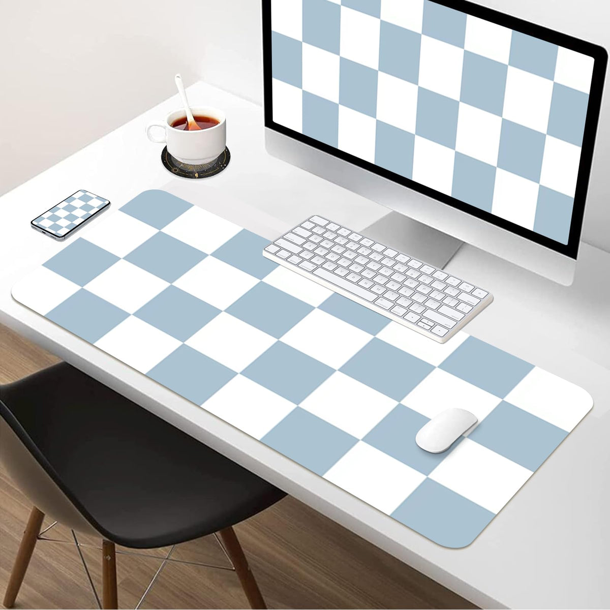 Large Checkered Desk Mat 35.4" x 15.7", PU Leather Desk Pad Protector, Large Mouse Pad for Desk