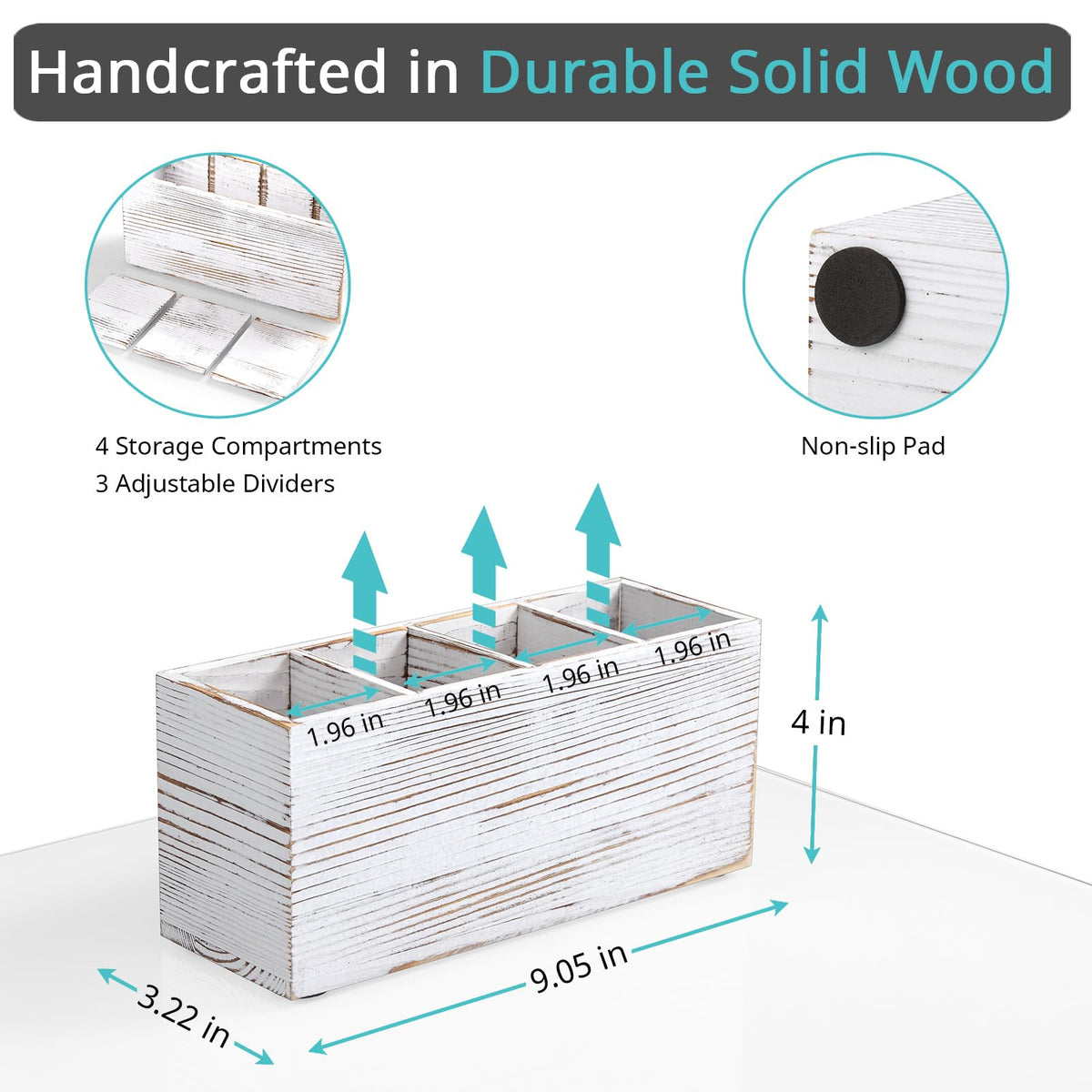 Pencil Pen Holder for Desk, White Washed Wood Office Desk Organizers and Accessories with 4 Slots