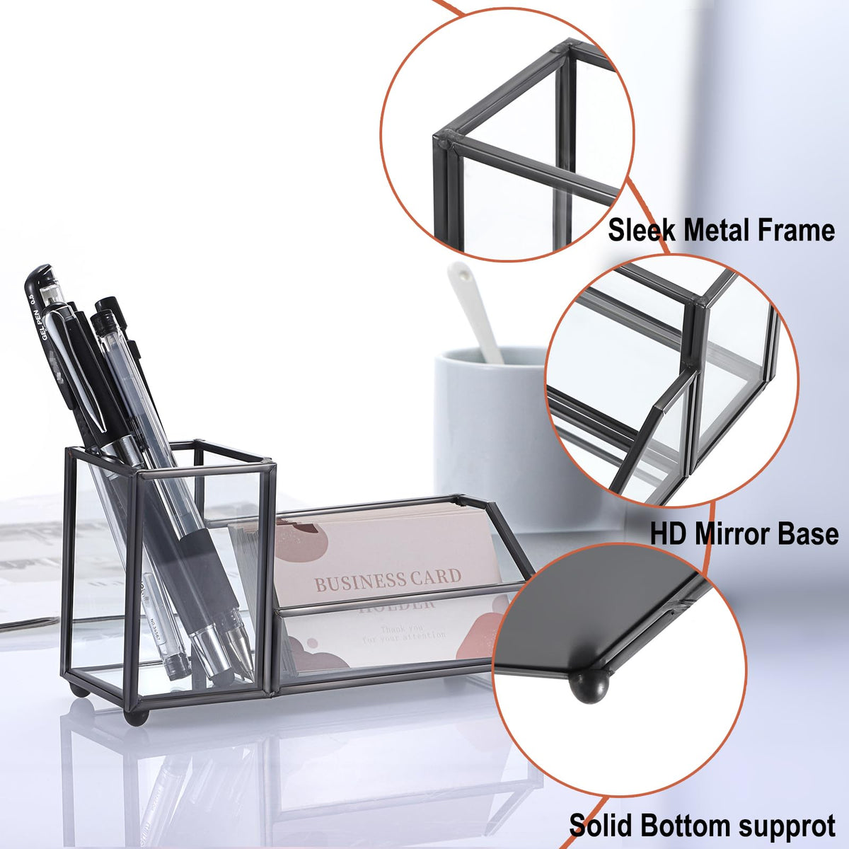 Hipiwe Clear Glass Business Card Holder with Pen Storage Holder, Black