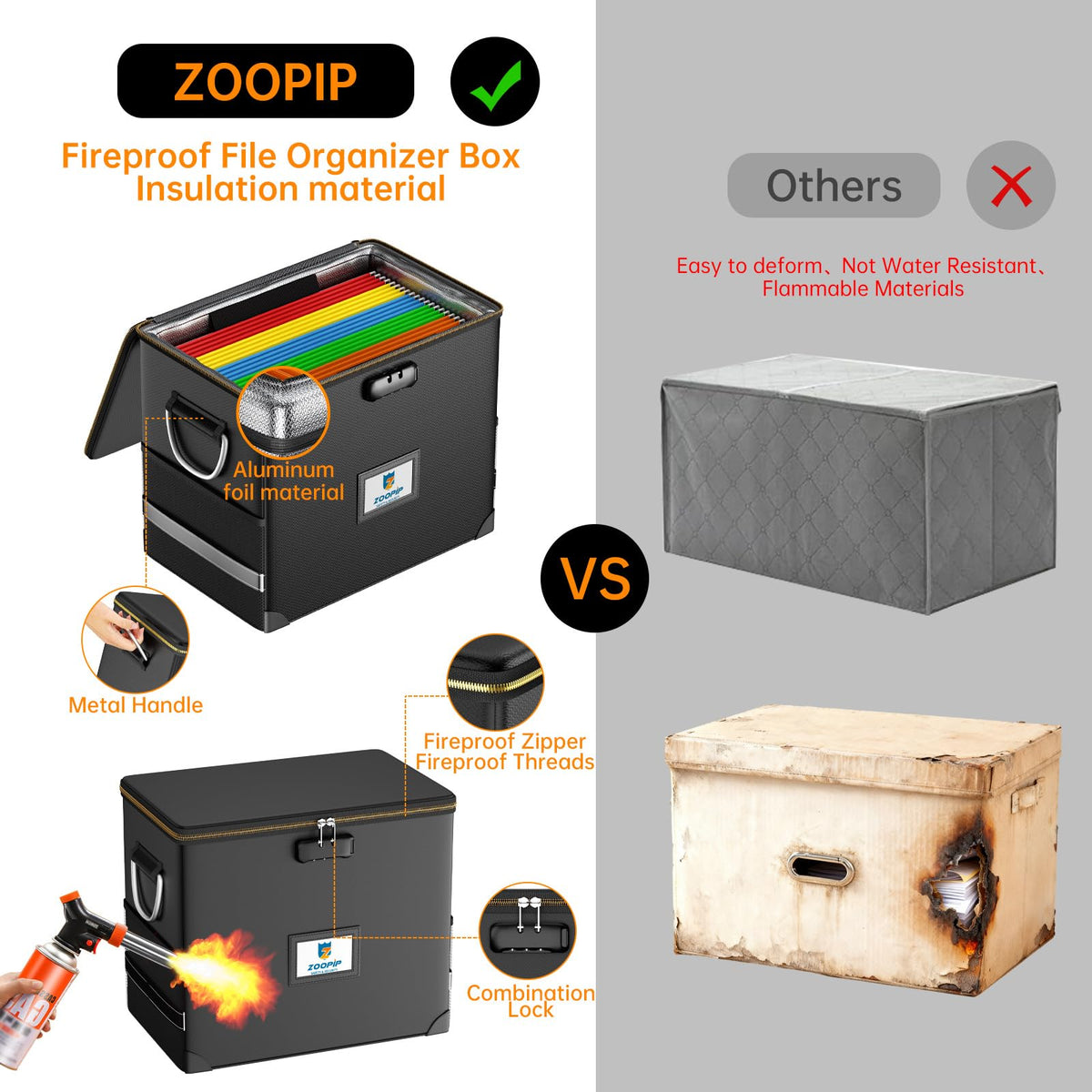 ZOOPIP Fireproof File Organizer with Lock, Hard Safe Document Box, Black