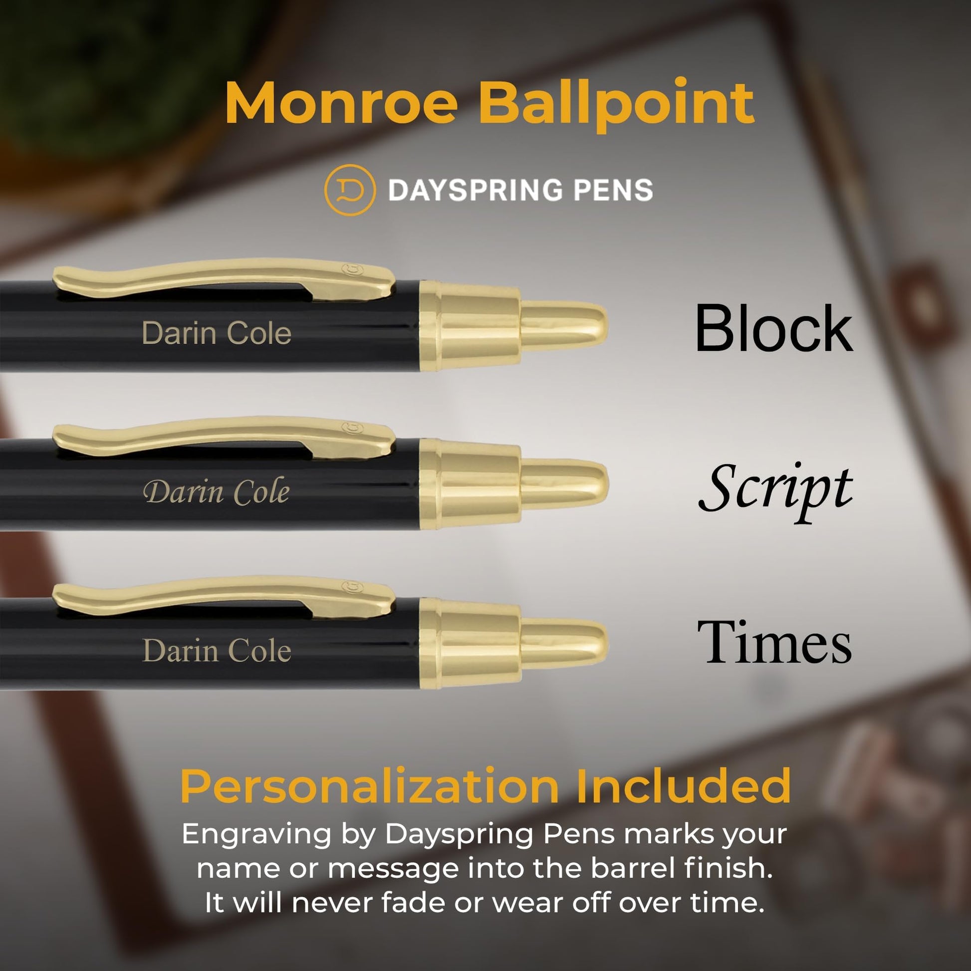 Dayspring Pens Monroe Personalized Ballpoint Pen in Black with Gold Trim