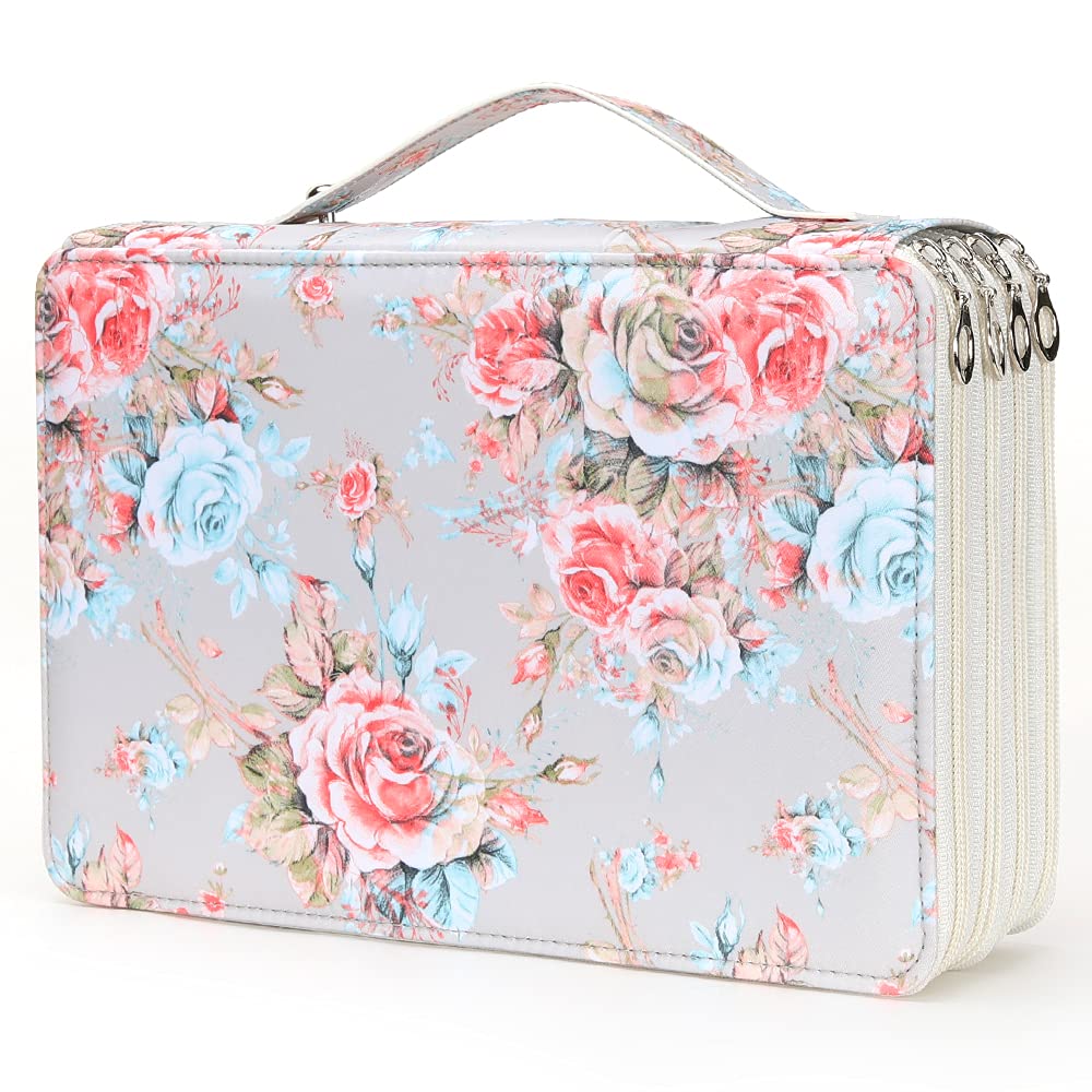 Vomgomfom 200 Slots Pencil Case 4-Layer PU Leather, Handle, Gray Rose