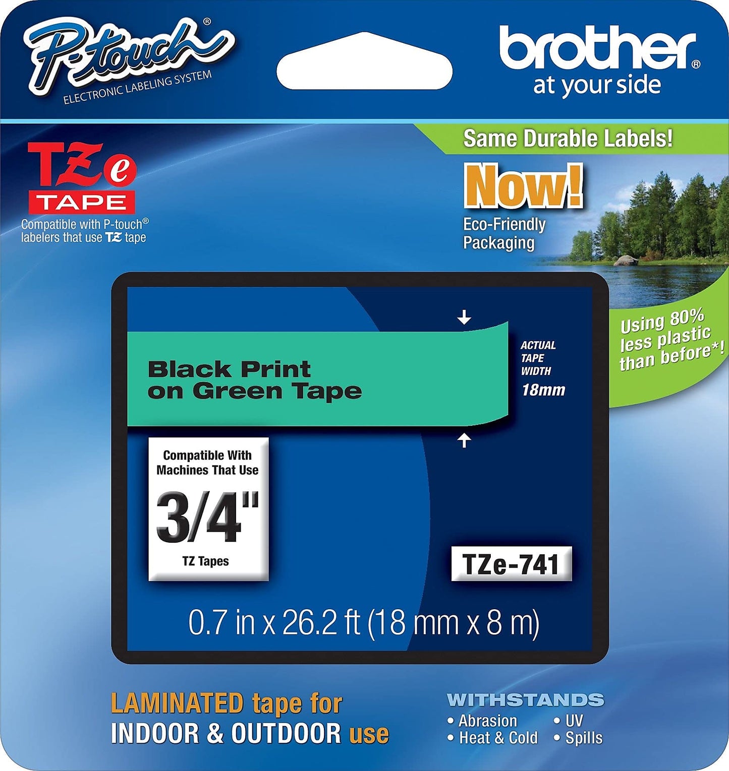 Brother Laminated Tape Black on Green, 18mm (TZe741)