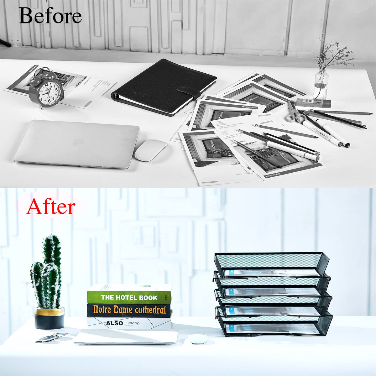 SETTFRFE 4 Tier Metal Letter Tray Desk Organizer-Stackable Paper Tray,Black
