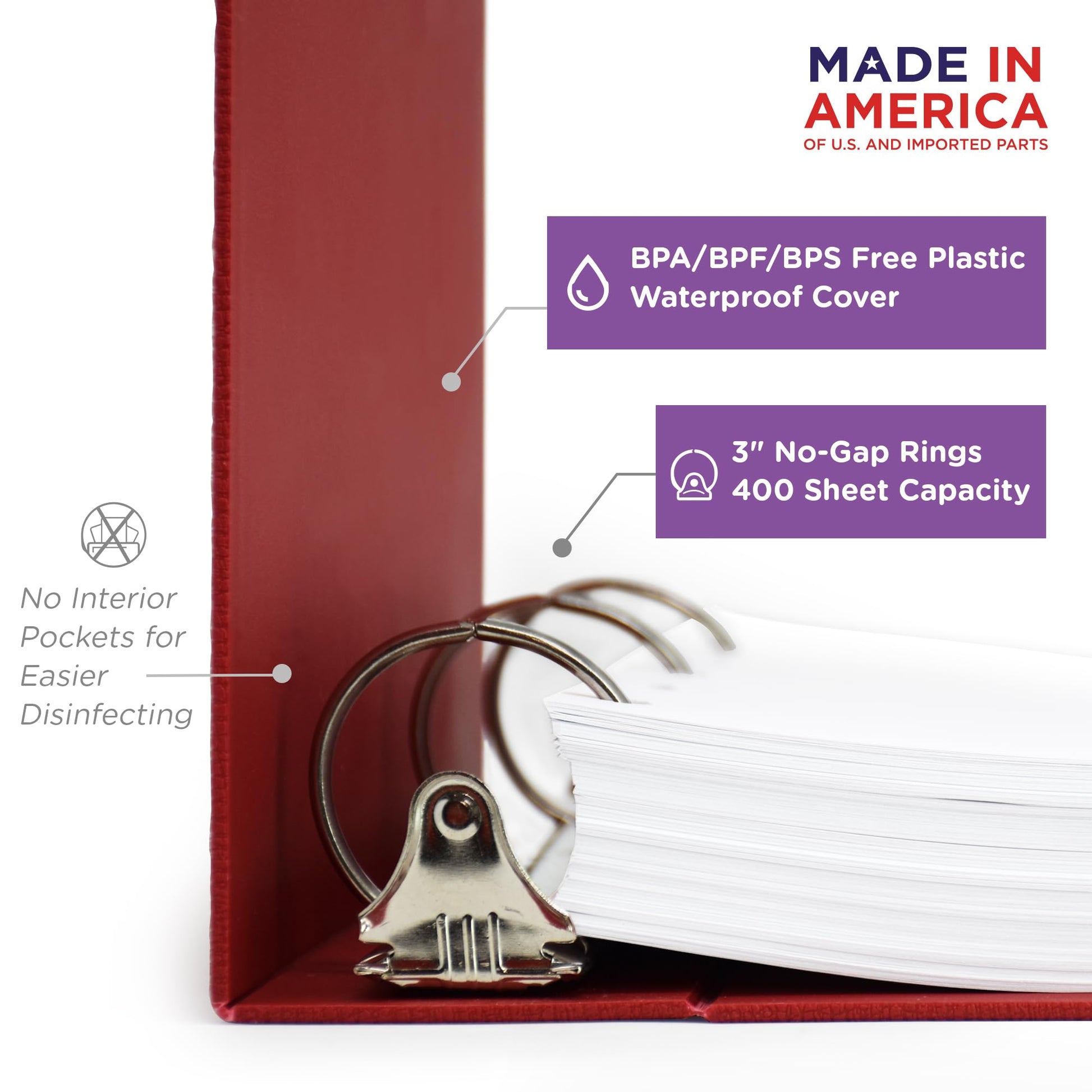 Carstens 3-Inch Heavy Duty 3-Ring Binder - Side Opening, Brick Red, Durable Plastic, Precision