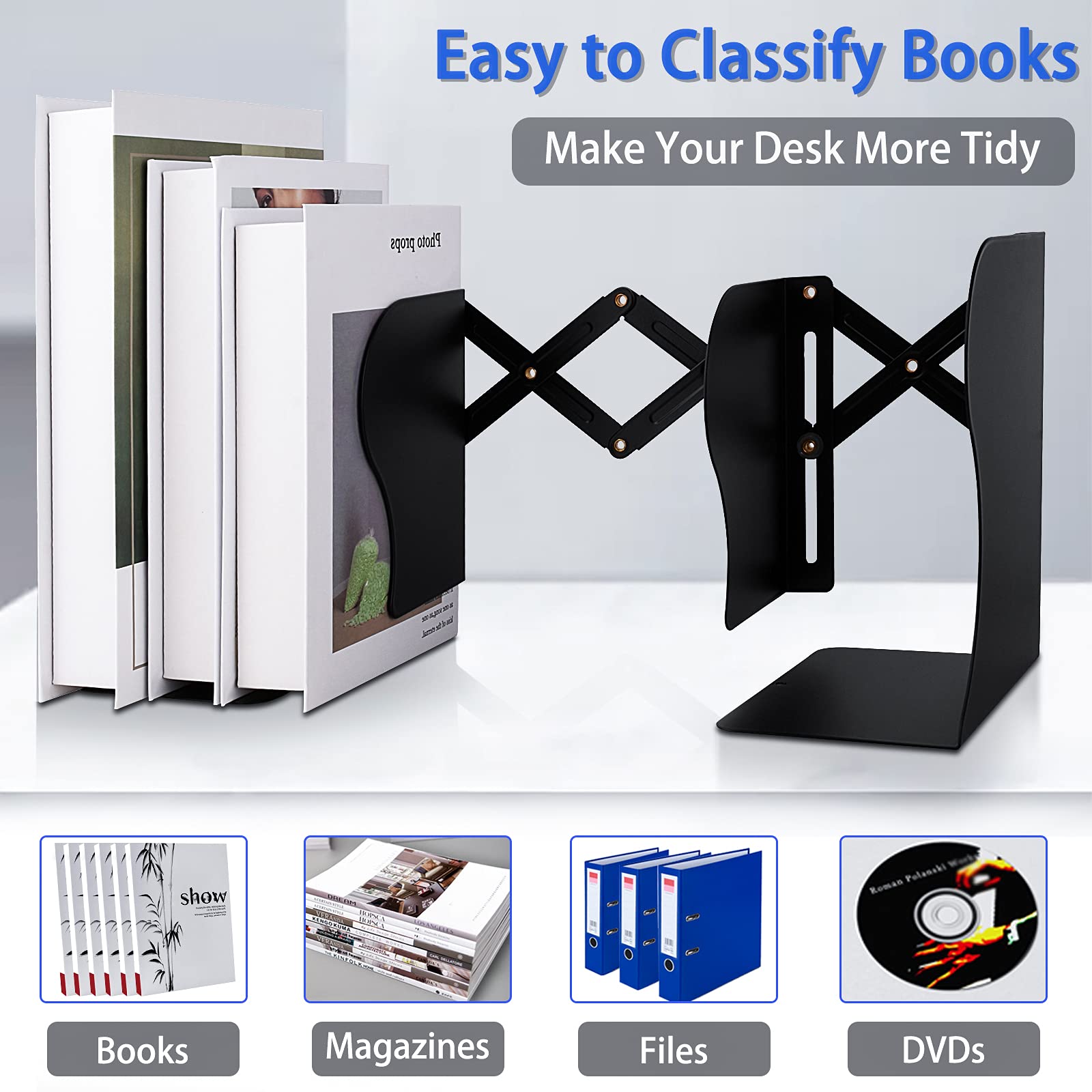 Non Skid Book Ends to Hold Books, Carooyac Metal Adjustable Book Ends Decorative Bookends for Home