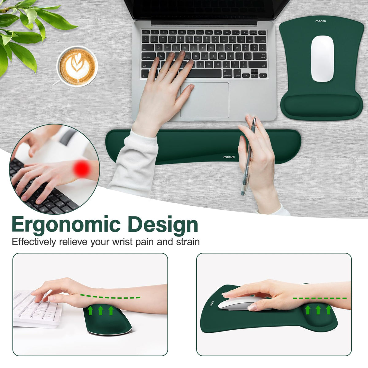 MOSISO Wrist Rest Support for Mouse Pad & Keyboard Set, Peacock Green