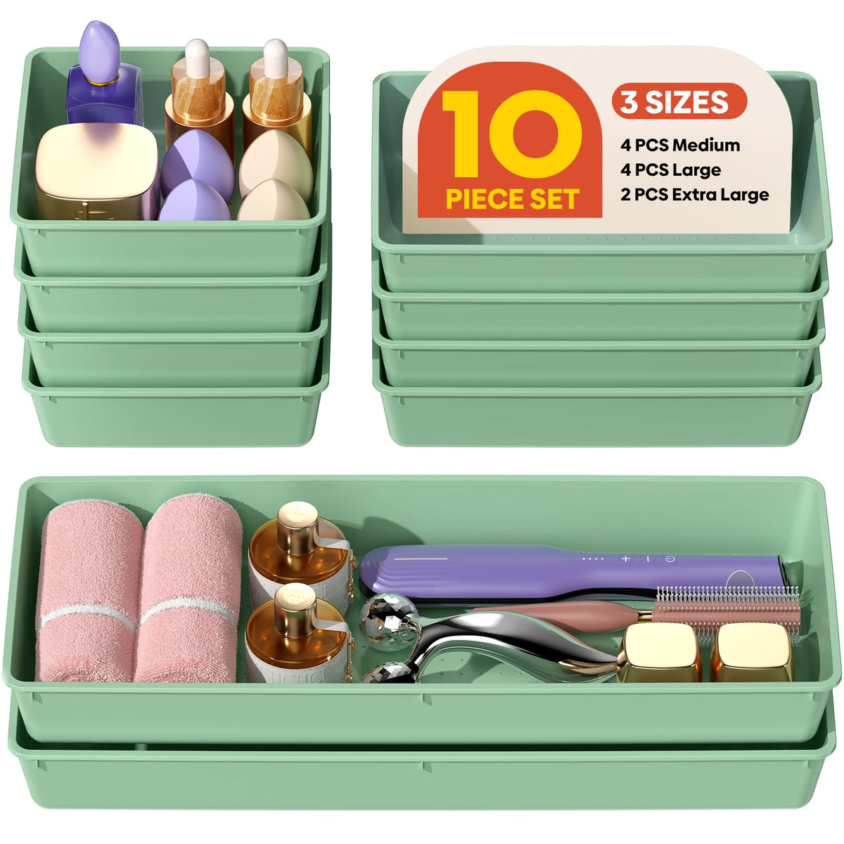 MLIKLU 10 Pack Large Size Plastic Drawer Organizers Set, 3 Sizes Desk Drawer Organizer Trays