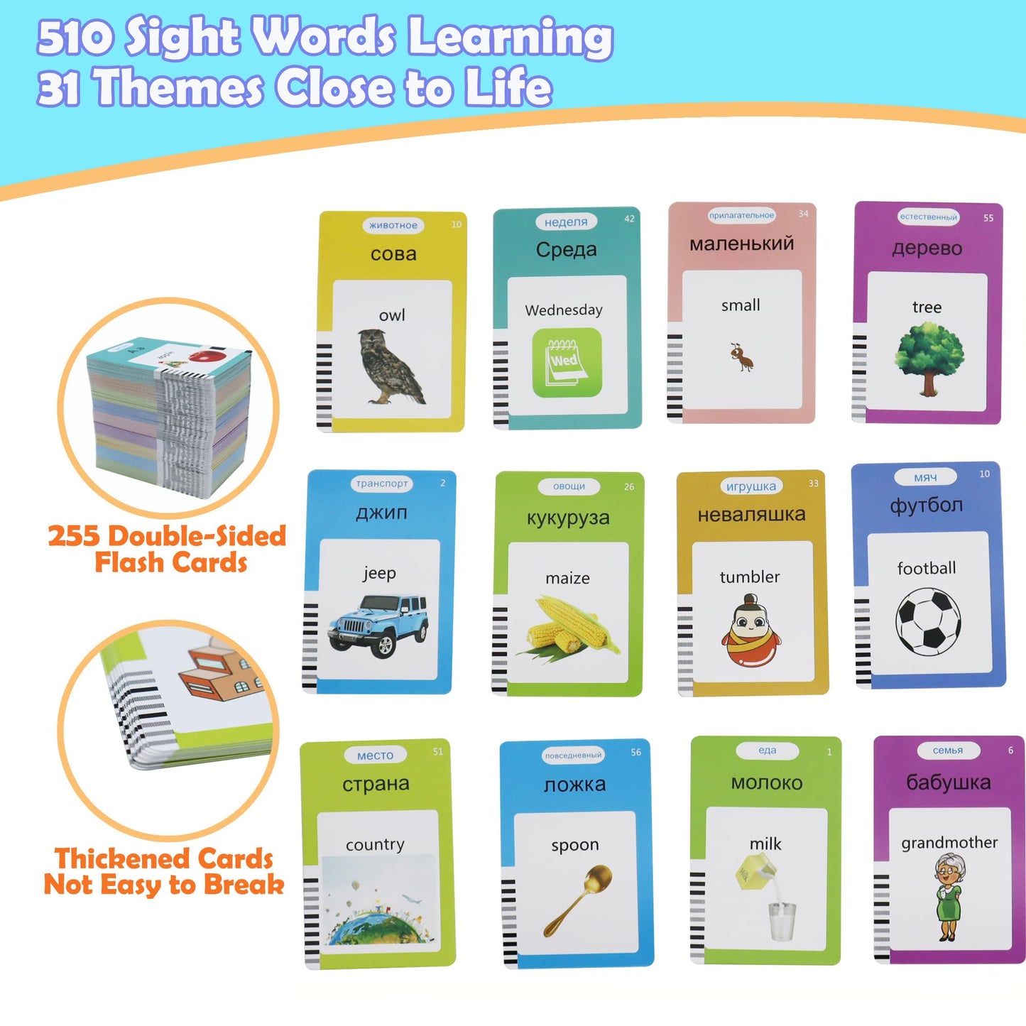 MAYAPHILOS Russian and English Flash Card with 510 Sight Words