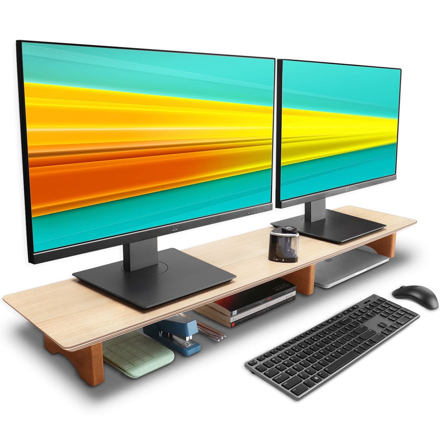 Aothia 43 inch Oak Solid Wood Dual Monitor Stand for Desk, Cork Legs