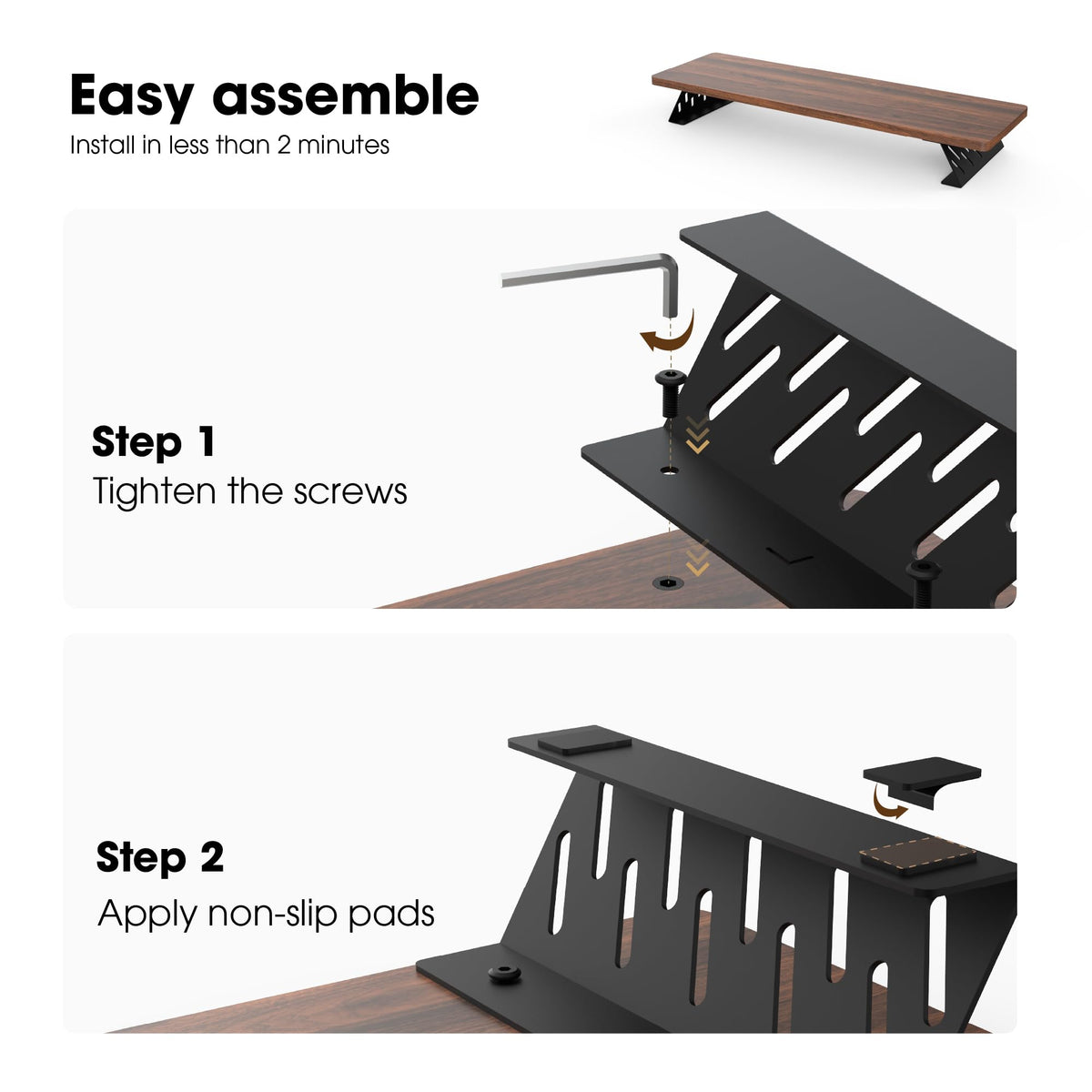 Fenge Monitor Stand Riser, Wooden & Metal Desk Shelf Organizer, Brown