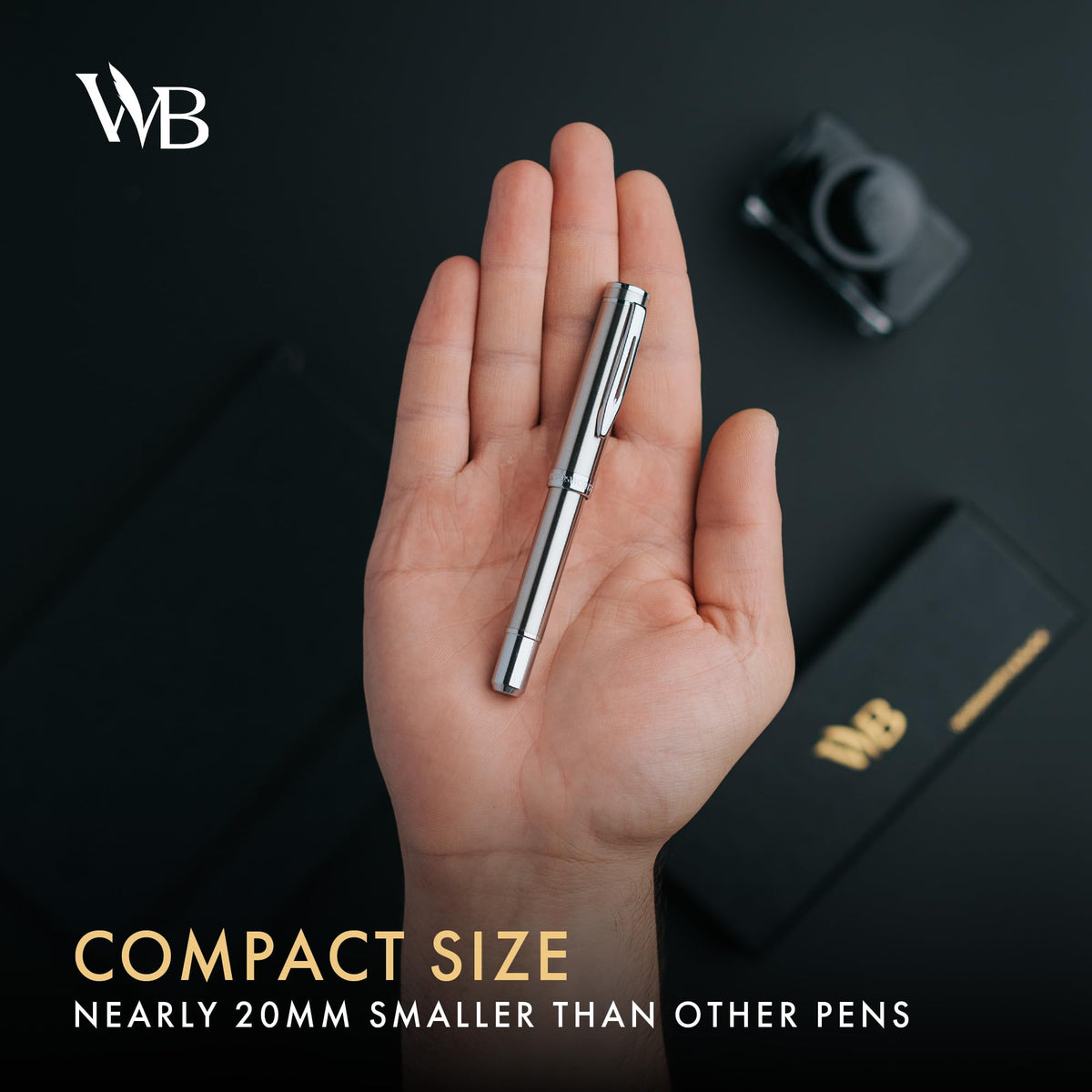 Wordsworth & Black Mini Pocket Fountain Pen for Writing, Medium Nib, Silver