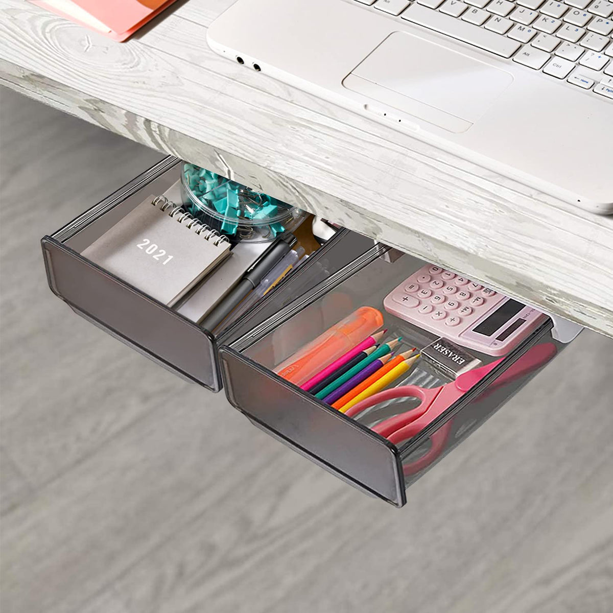 OSPNIEEK Self-adhesive Under Desk Drawer Organizer, 2 Pack Table Hidden Slide Out Large Storage