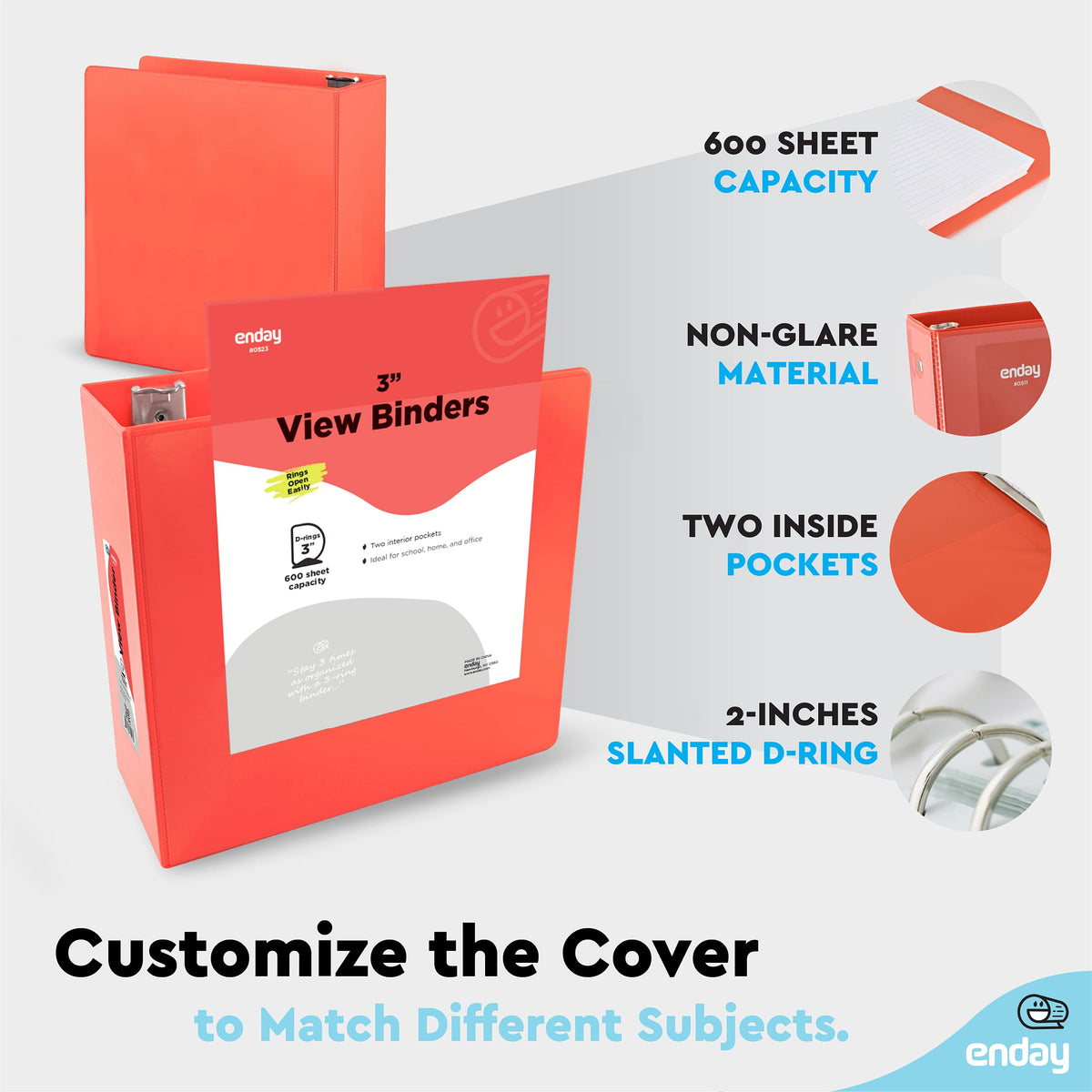 Enday 3 inch Binder (6 Pack - Red) 3 Ring Binder 3 inch with Clear View Cover and 2 Inside Pocket
