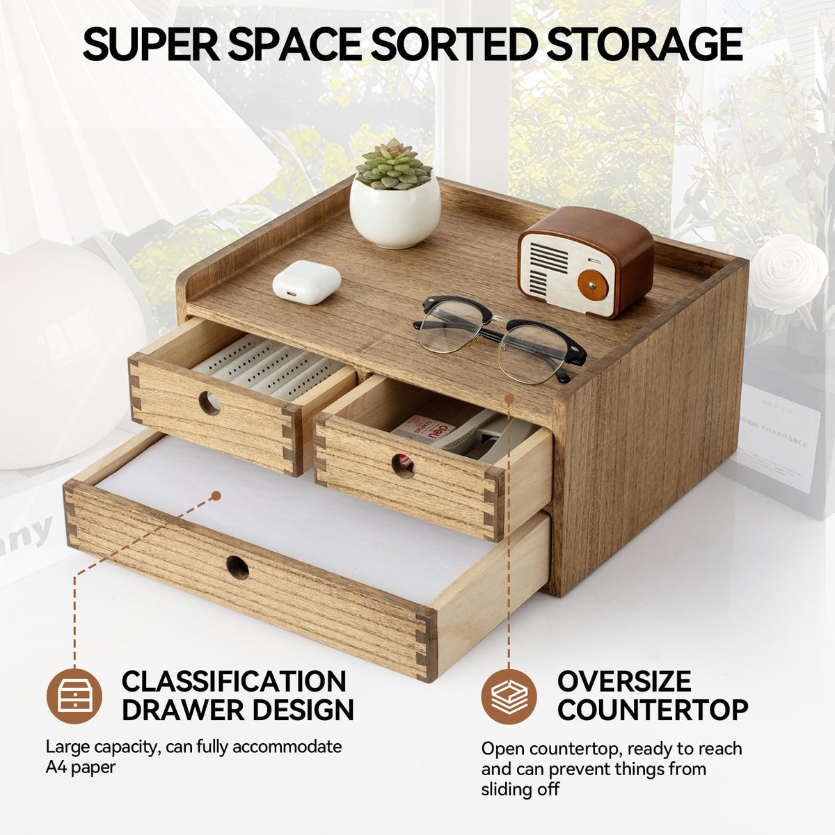 KIRIGEN Wooden Desk Organizer with 3 Drawers and Top Shelf Brown DT2D3C-DBR