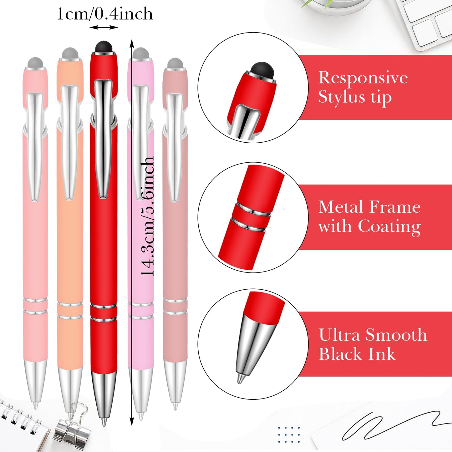 Zonon 38 Pcs Stylus Ballpoint Pens, Metal Rubberized Grip, Red Series