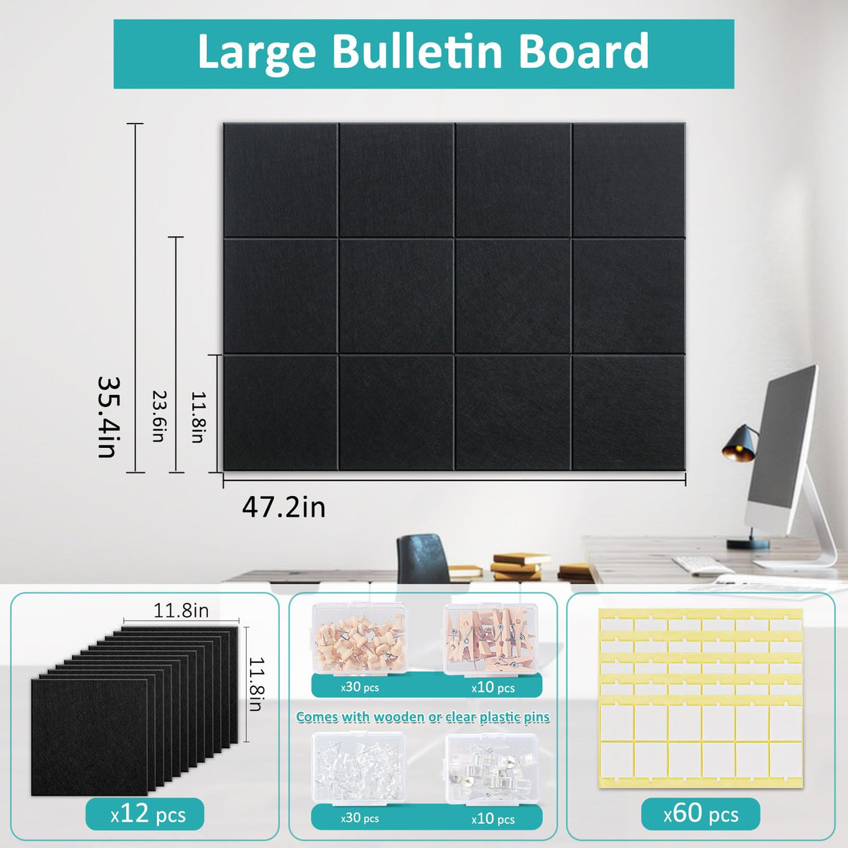 Bounmer Large Cork Bulletin Board - 48" x 36" Cork Board for Walls - 12 Pack Felt Tiles, 60