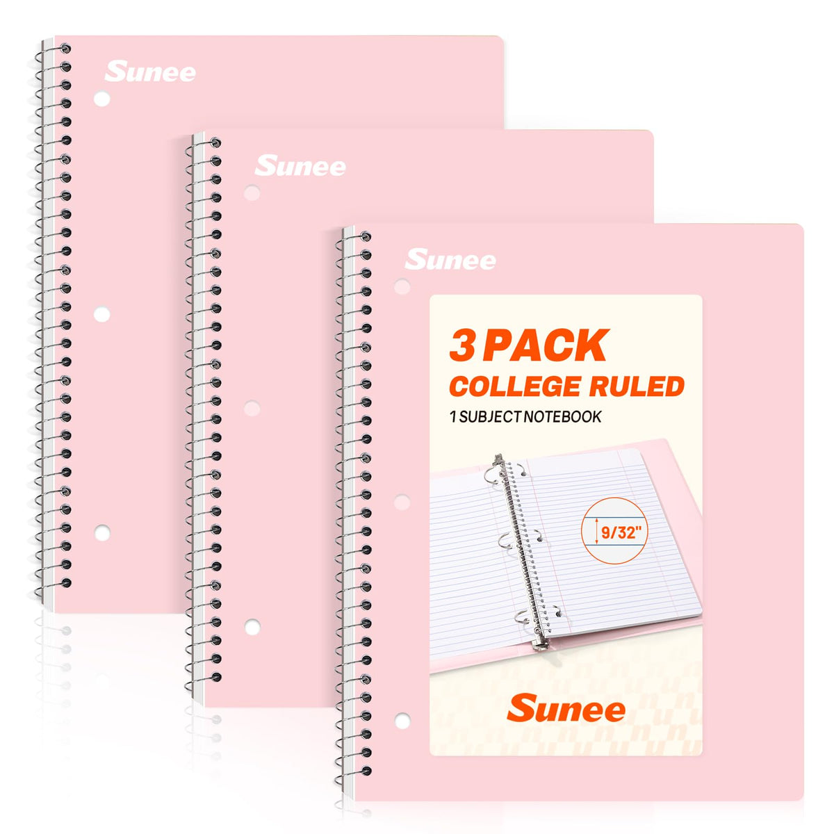 SUNEE Spiral Notebooks, 3 Pack, 1-Subject, College Ruled Paper, 8" x 10-1/2", 70 Sheets per